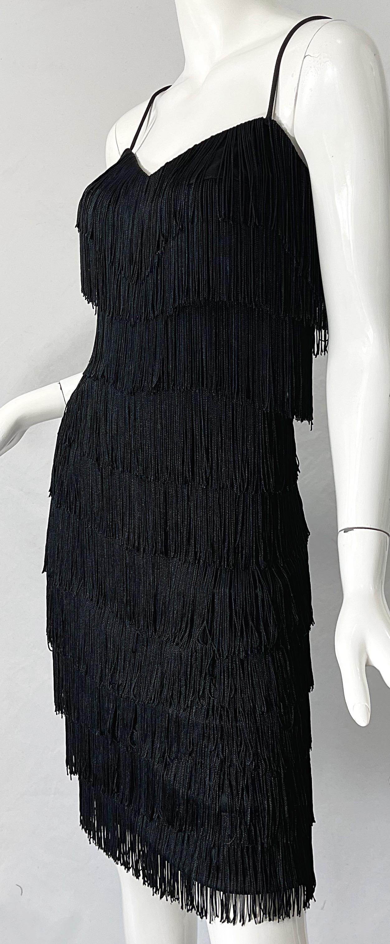 1970s Flapper Style Black Fringe Vintage 70s Does 20s Sleeveless Disco Dress In Excellent Condition For Sale In San Diego, CA