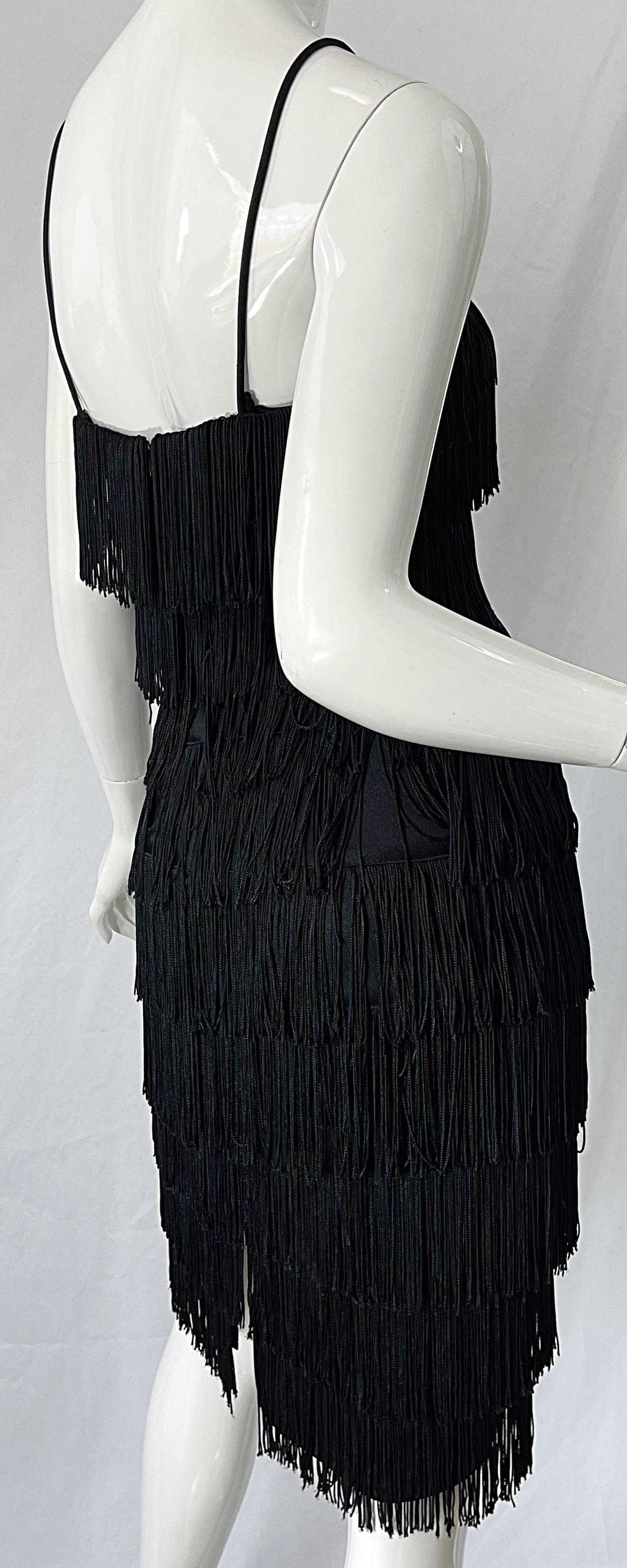 Women's 1970s Flapper Style Black Fringe Vintage 70s Does 20s Sleeveless Disco Dress For Sale