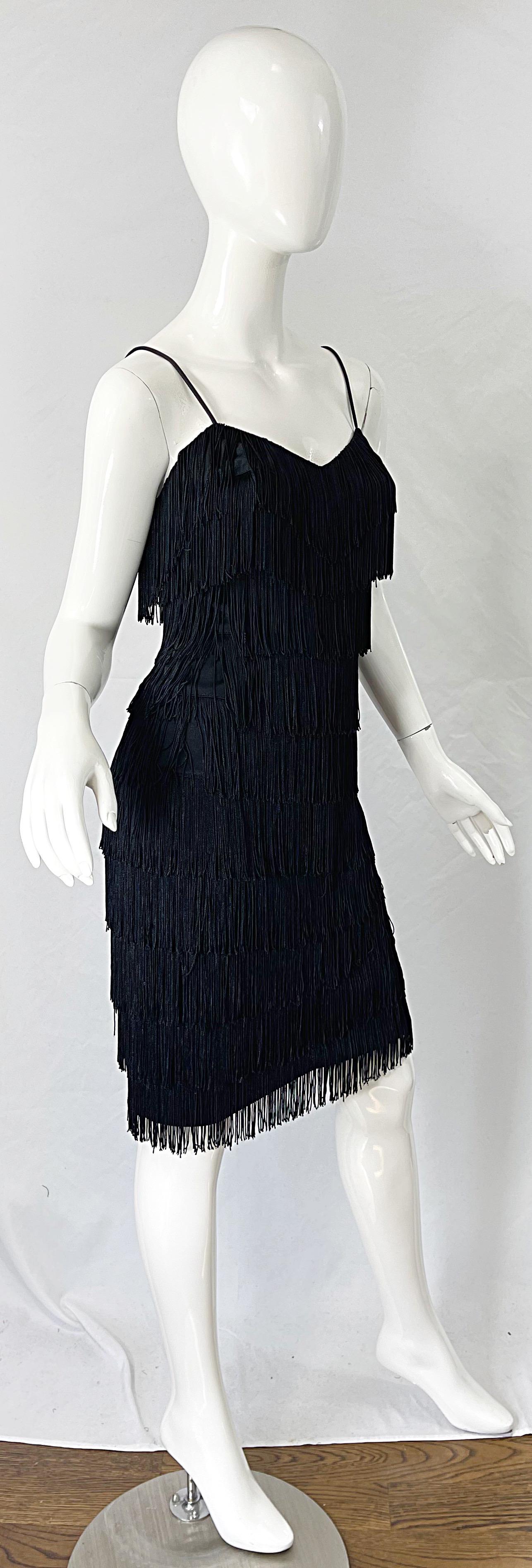 1970s Flapper Style Black Fringe Vintage 70s Does 20s Sleeveless Disco Dress For Sale 1