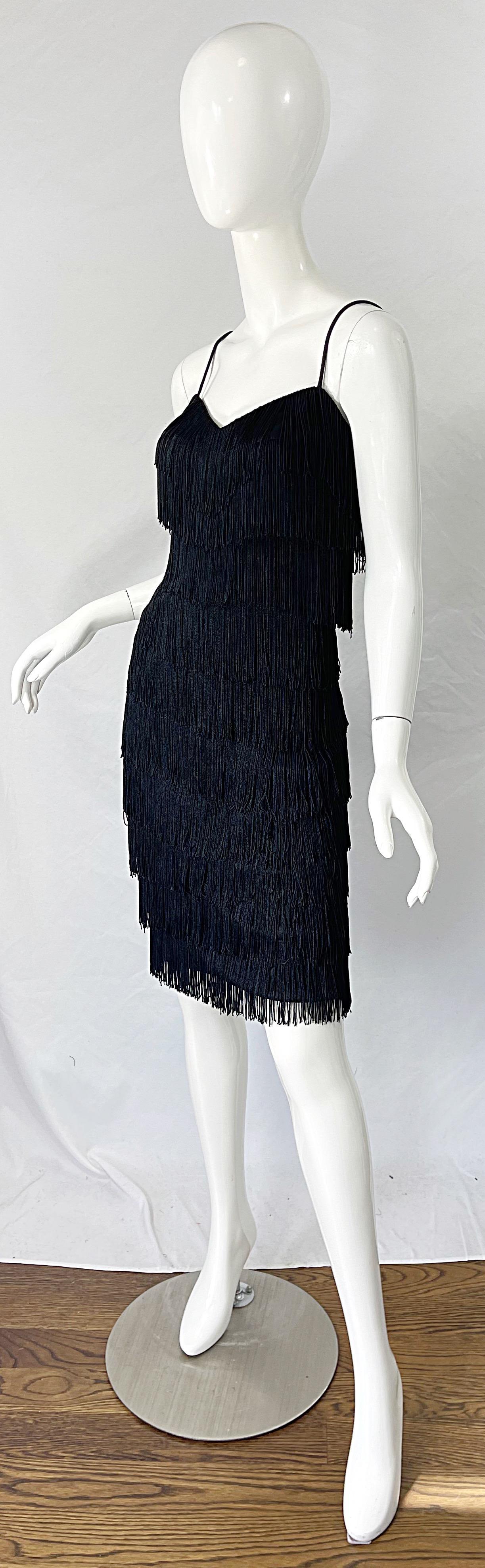 1970s Flapper Style Black Fringe Vintage 70s Does 20s Sleeveless Disco Dress For Sale 2