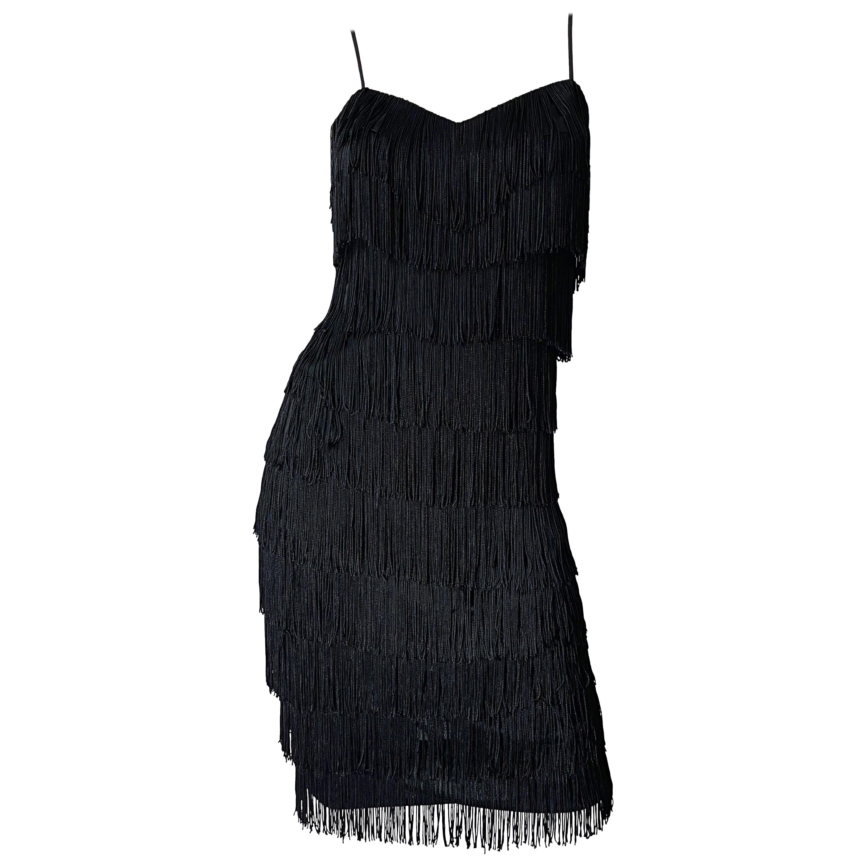 1970s Flapper Style Black Fringe Vintage 70s Does 20s Sleeveless Disco Dress For Sale