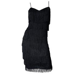 1970s Flapper Style Black Fringe Vintage 70s Does 20s Sleeveless Disco Dress