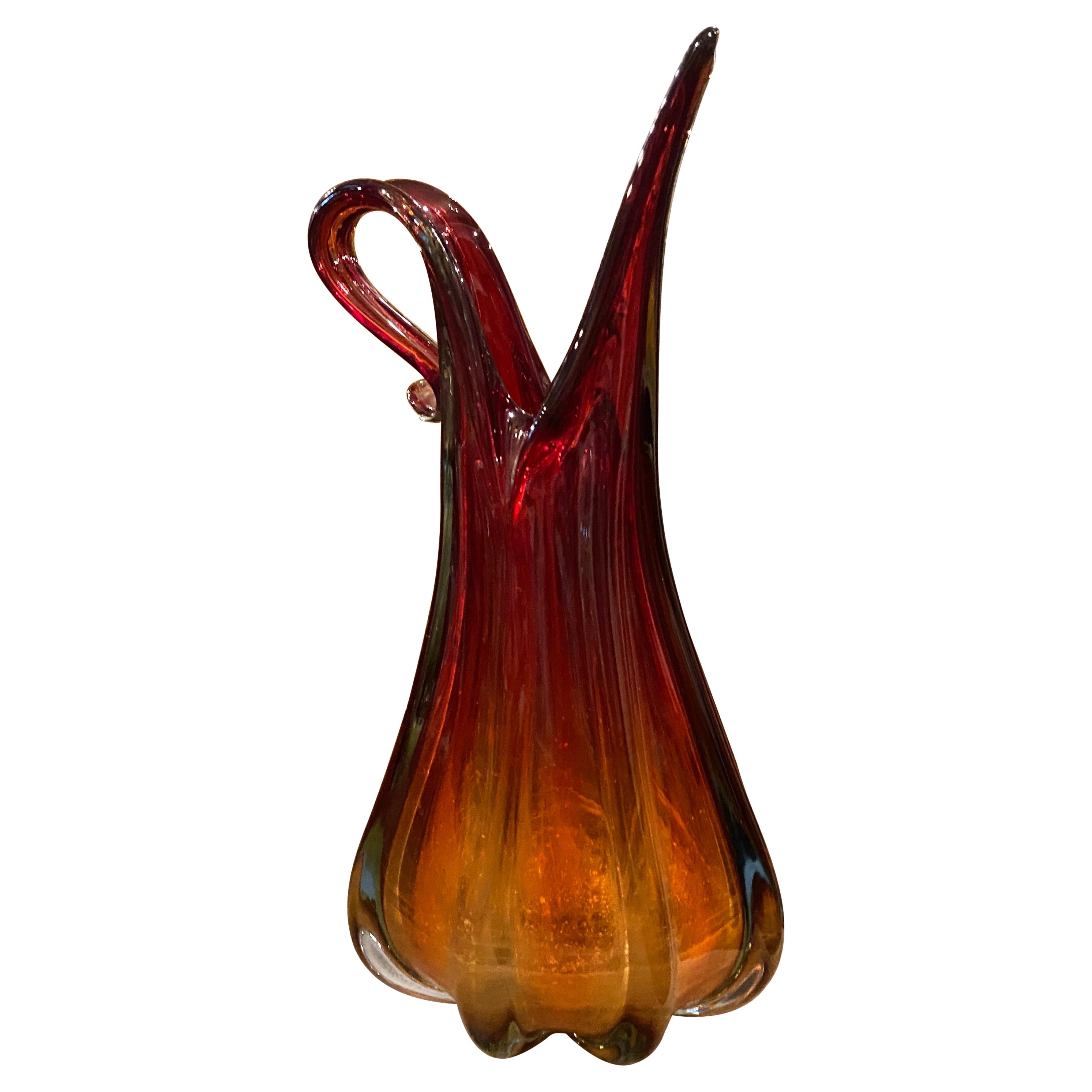 Jarrón de cristal de Murano rojo y naranja de mediados de siglo moderno de Flavio Poli de los años 70