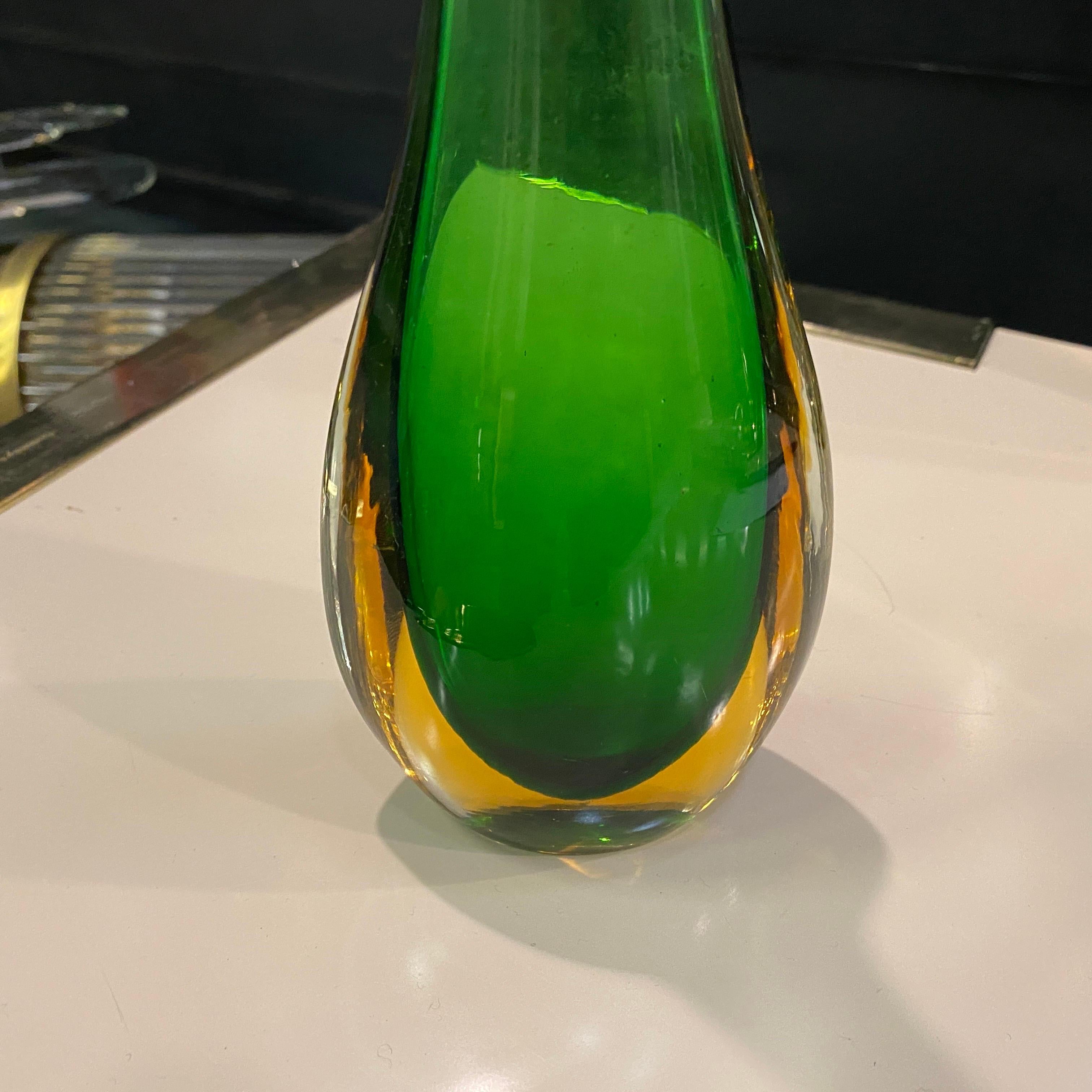 Italian 1970s Flavio Poli Style Modernist Green and Yellow Murano Glass Vase