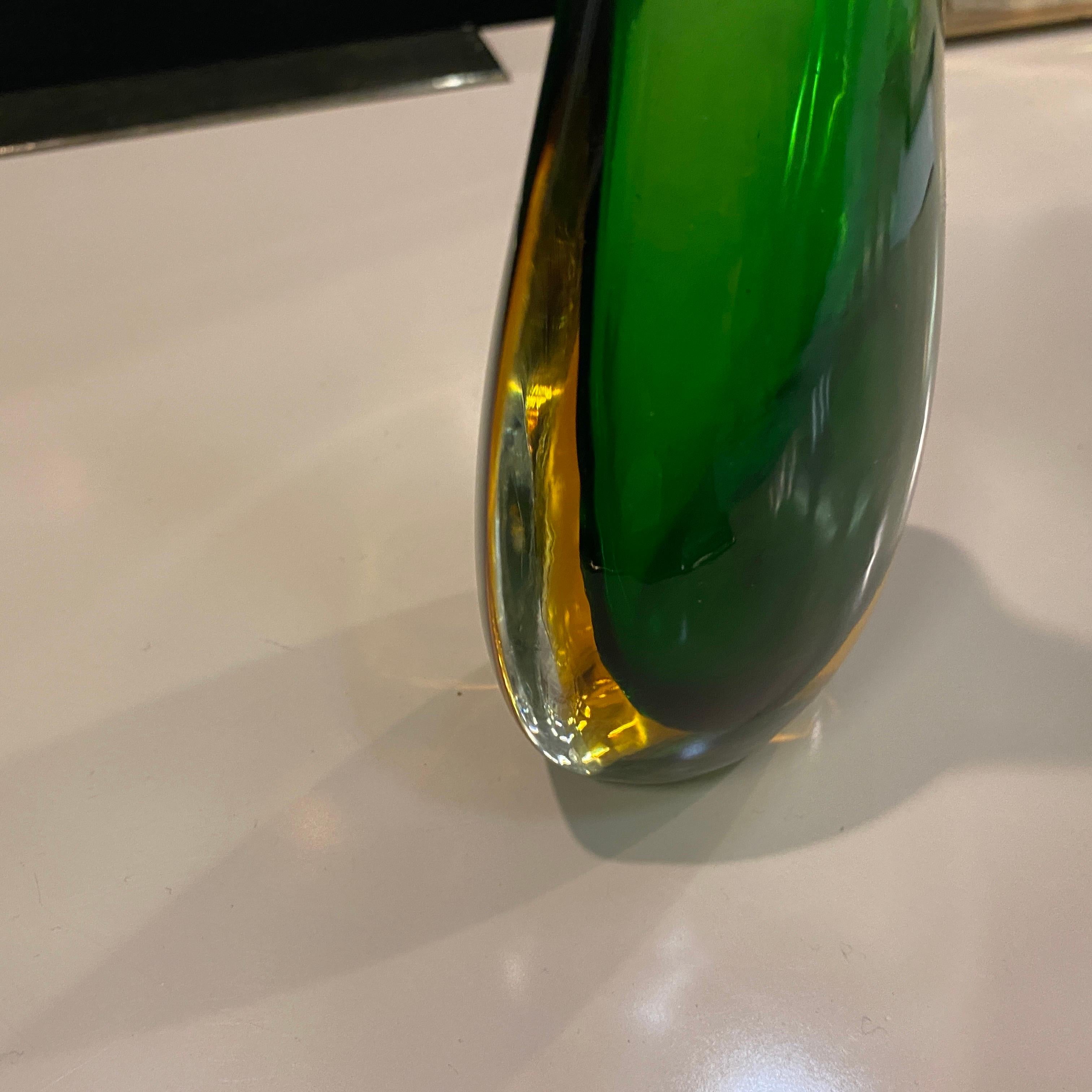 Hand-Crafted 1970s Flavio Poli Style Modernist Green and Yellow Murano Glass Vase