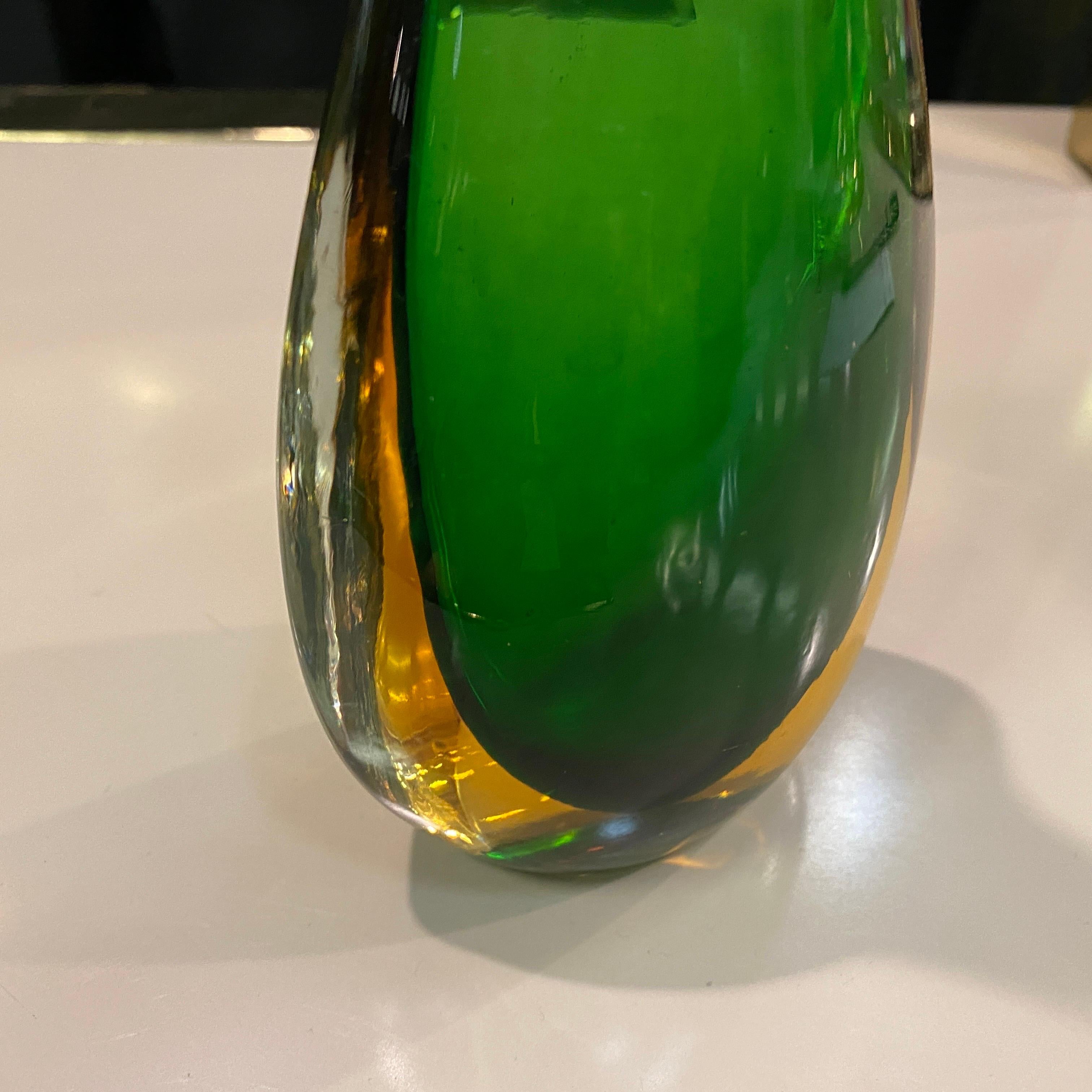 1970s Flavio Poli Style Modernist Green and Yellow Murano Glass Vase In Excellent Condition In Aci Castello, IT