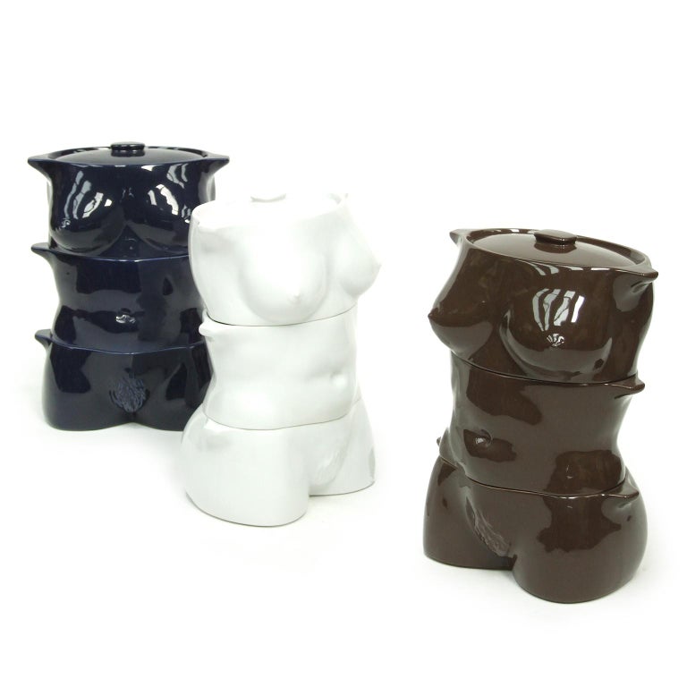Post-Modern 1970s Flesh Pots Ceramic Casserole Set by Morris Rushton Female Sculpture Nude For Sale