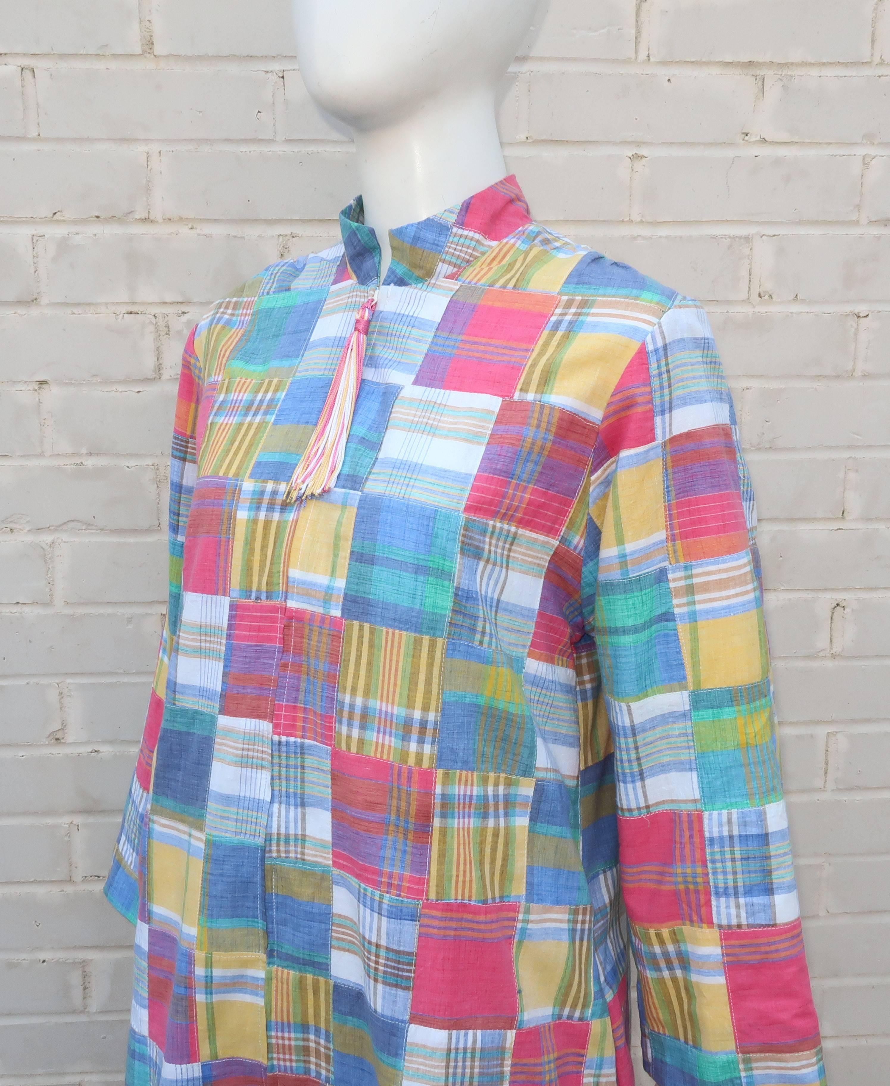 Flo Weinberg Patchwork Plaid Madras Cover Up Robe, 1970s  In Excellent Condition In Atlanta, GA