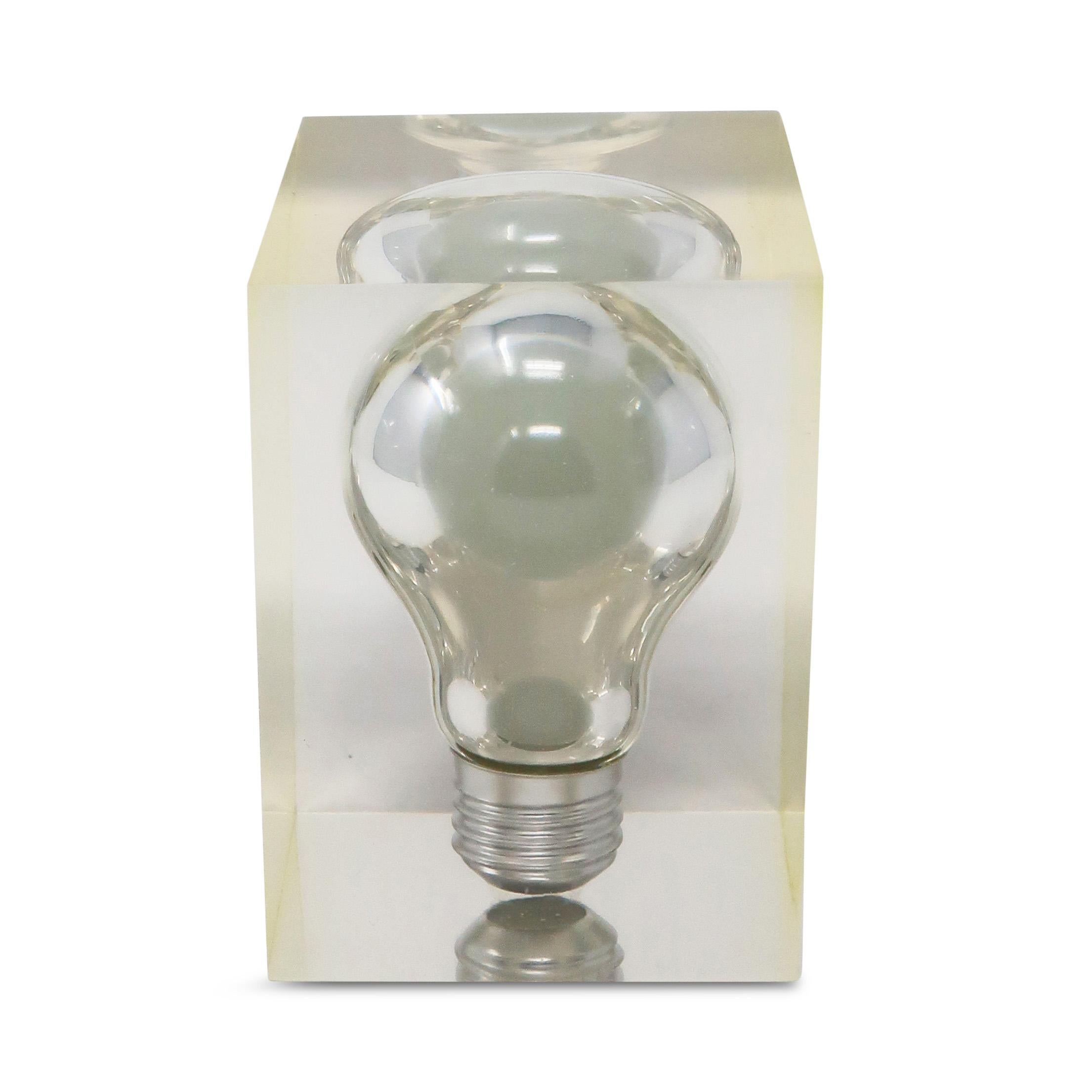 Glass 1970s Floating Light Bulb in Lucite Sculpture by Pierre Giraudon For Sale