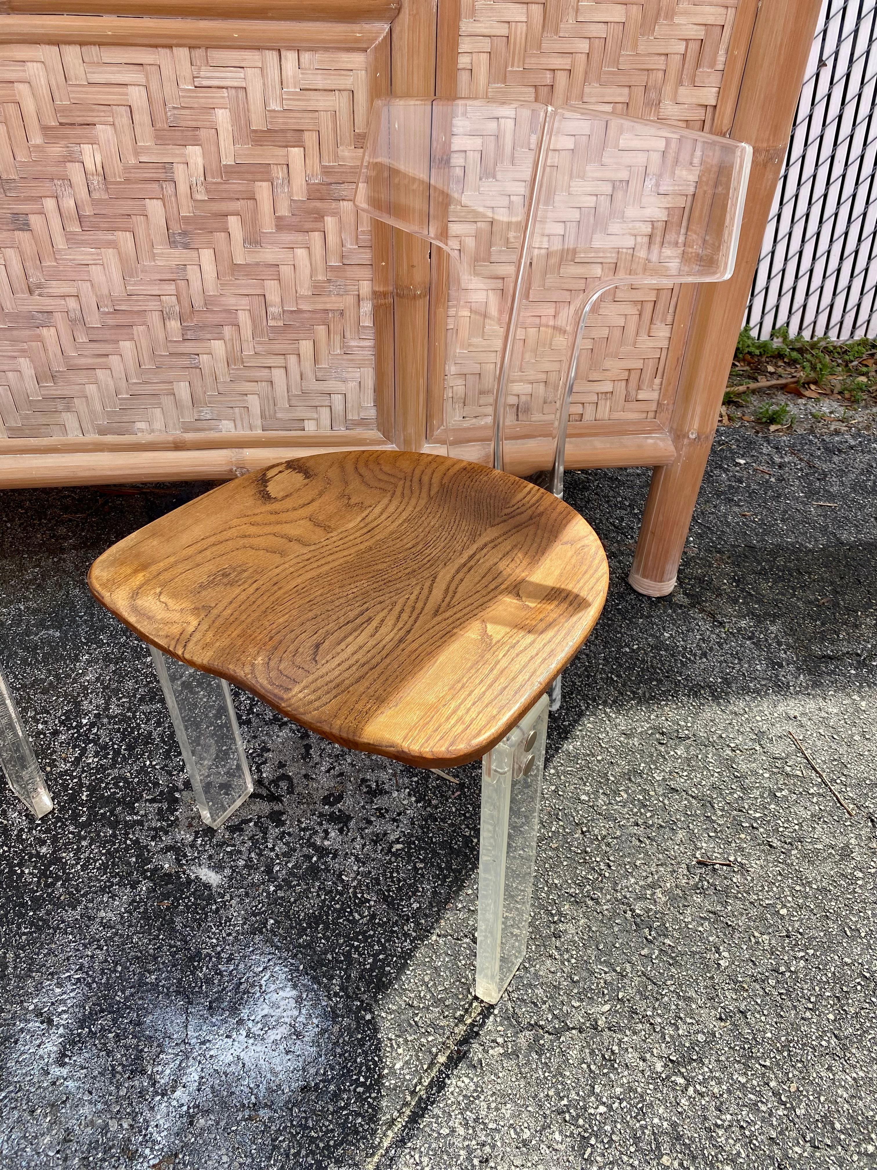 1970s Floating  Lucite Oak Three Legged Chair For Sale 4