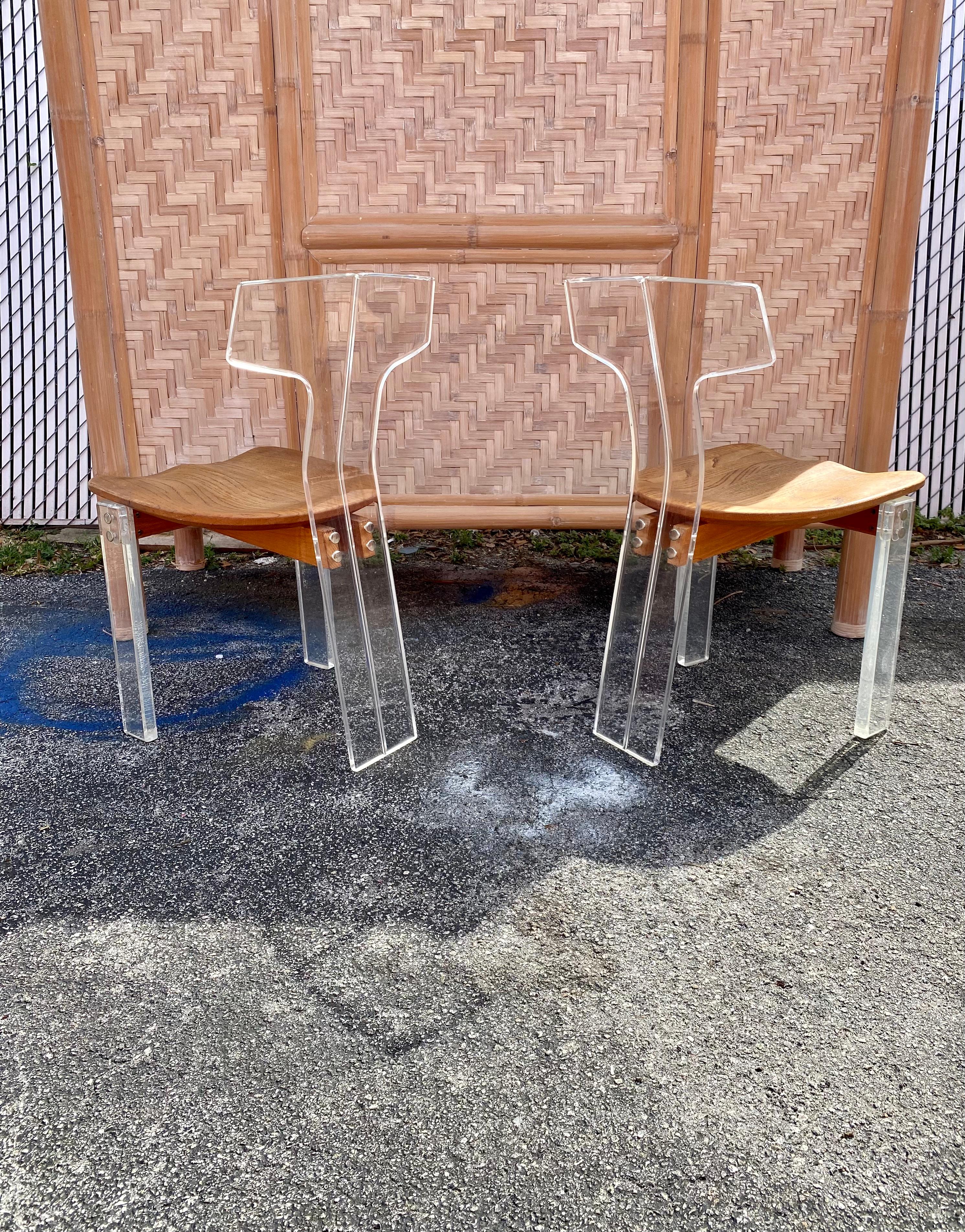 American 1970s Floating  Lucite Oak Three Legged Chair For Sale