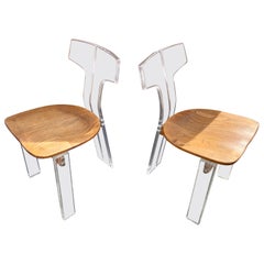 1970s Floating  Lucite Oak Three Legged Chair