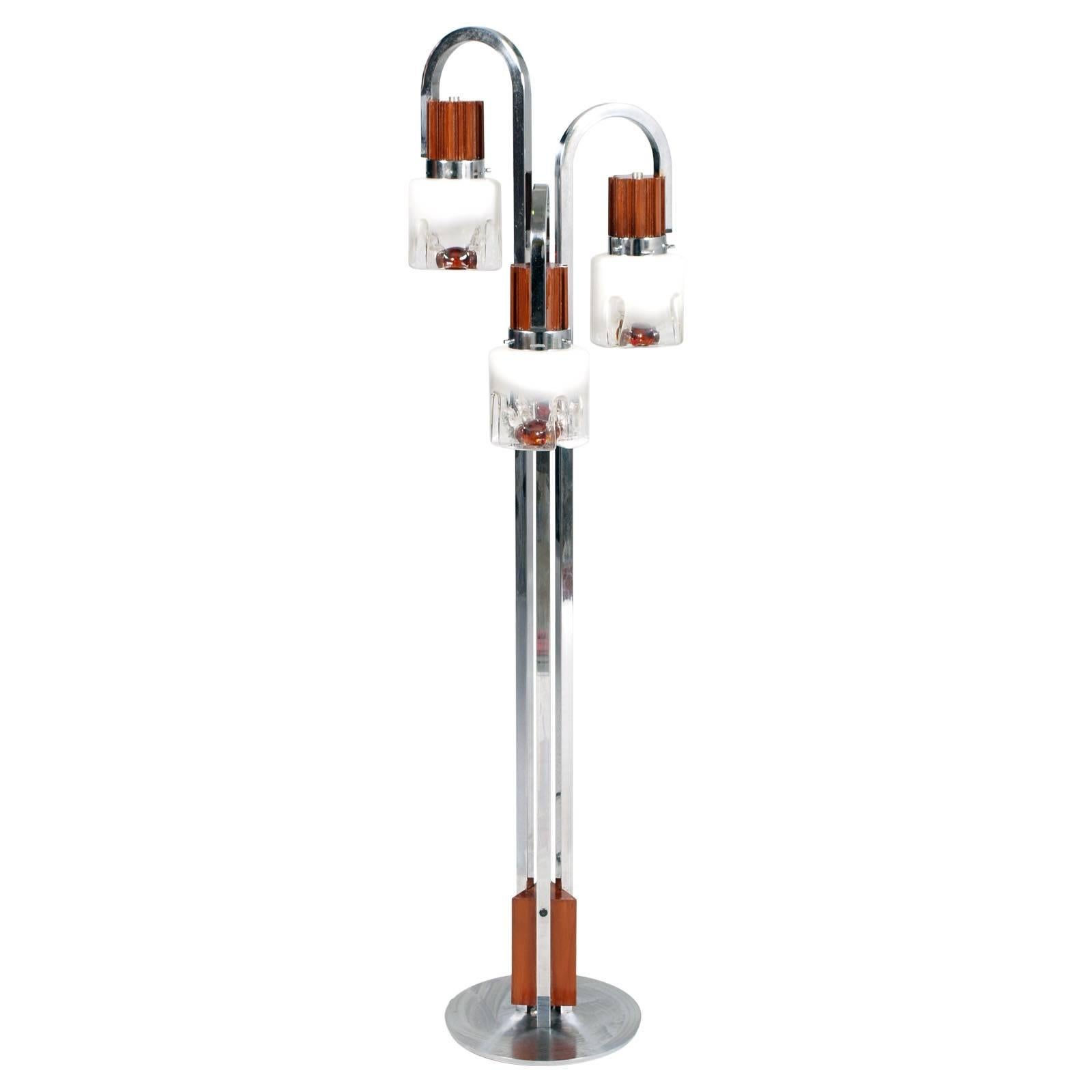 1970s Three-Light Floor Lamp Chromed Steel Murano Glass, Carlo Nason for Mazzega For Sale