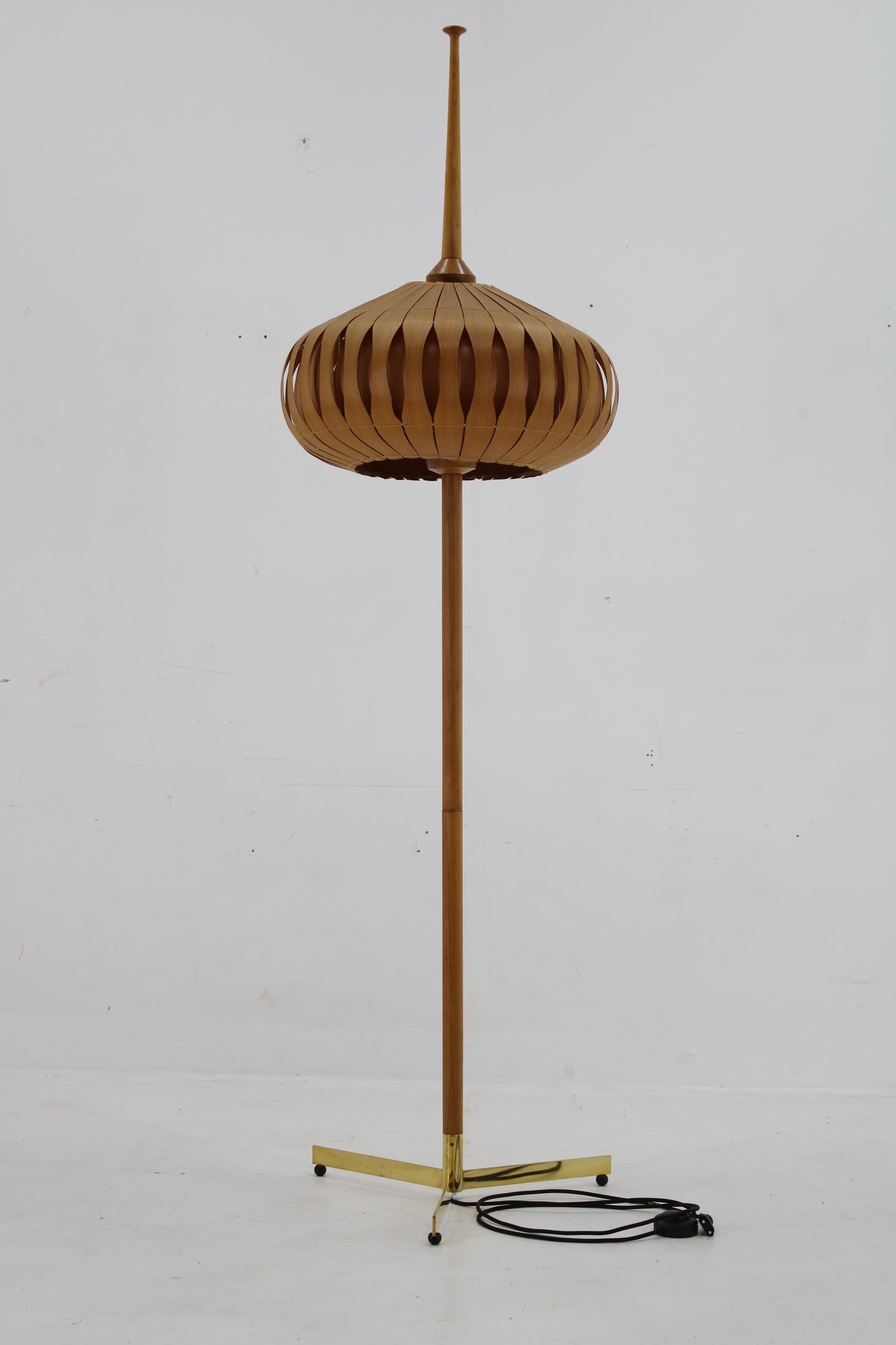 Mid-Century Modern 1970s Floor Lamp with Veneer Lamp Shade , Czechoslovakia