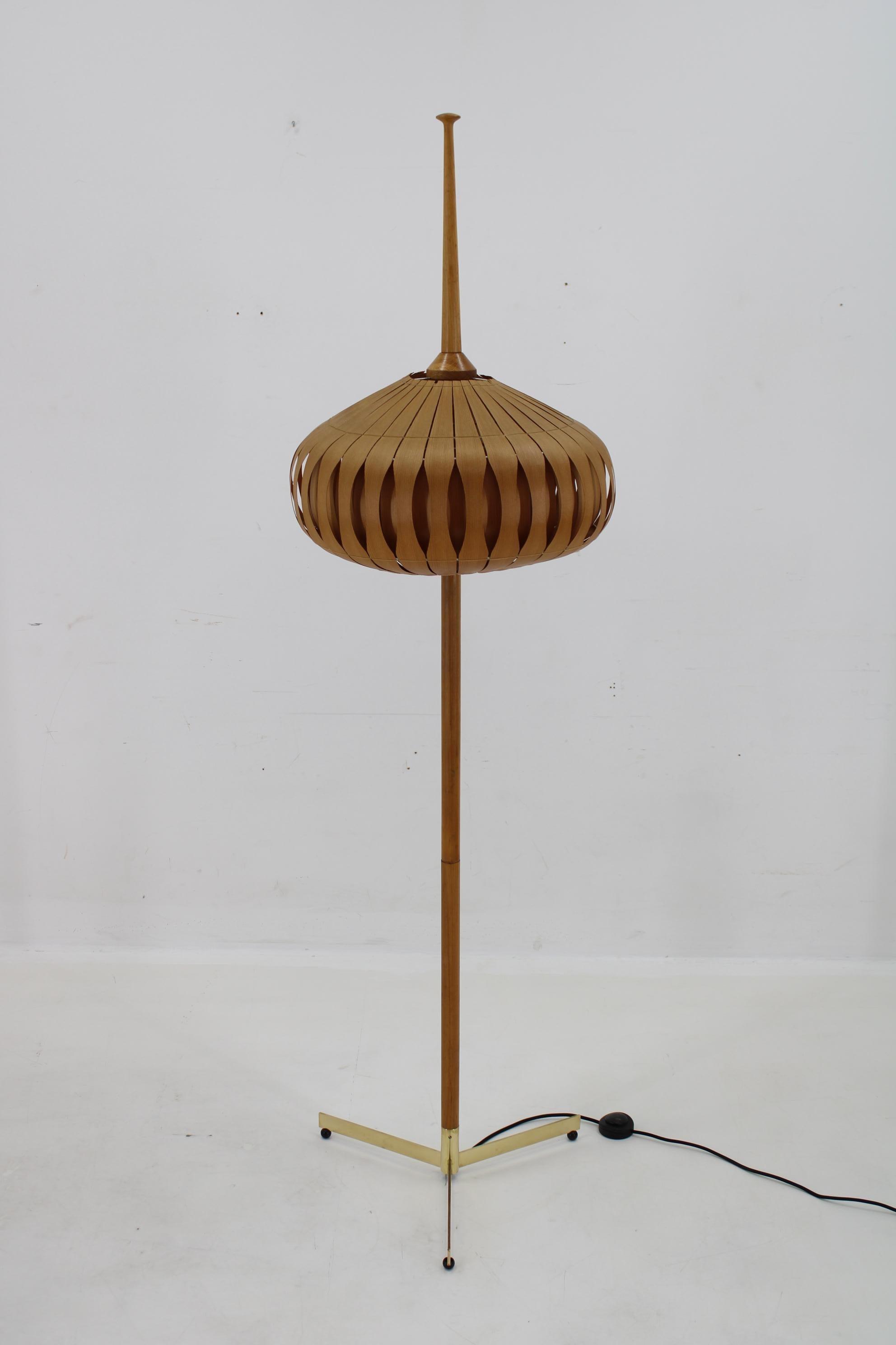 Mid-Century Modern 1970s Floor Lamp with Veneer Lamp Shade , Czechoslovakia
