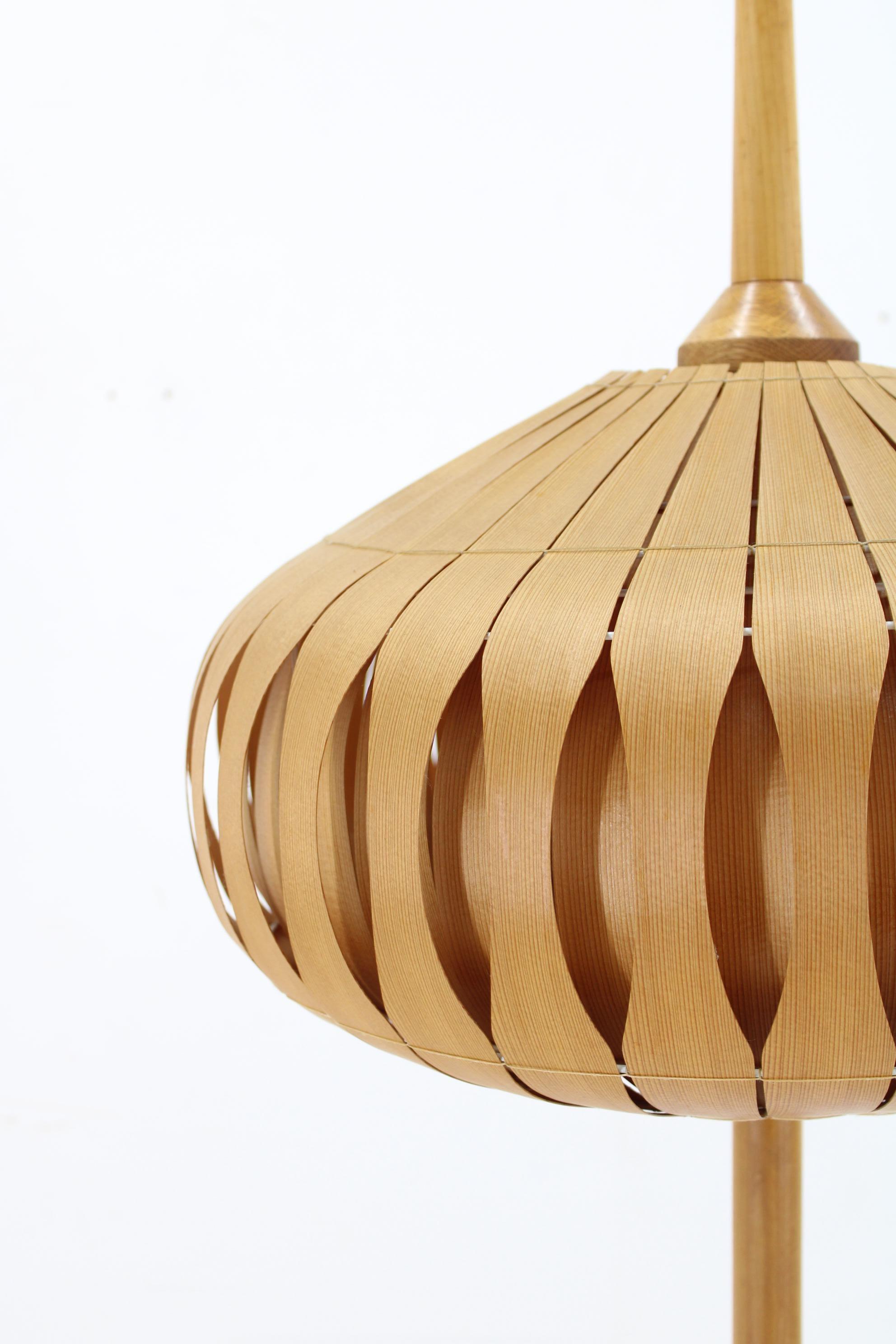Wood 1970s Floor Lamp with Veneer Lamp Shade , Czechoslovakia