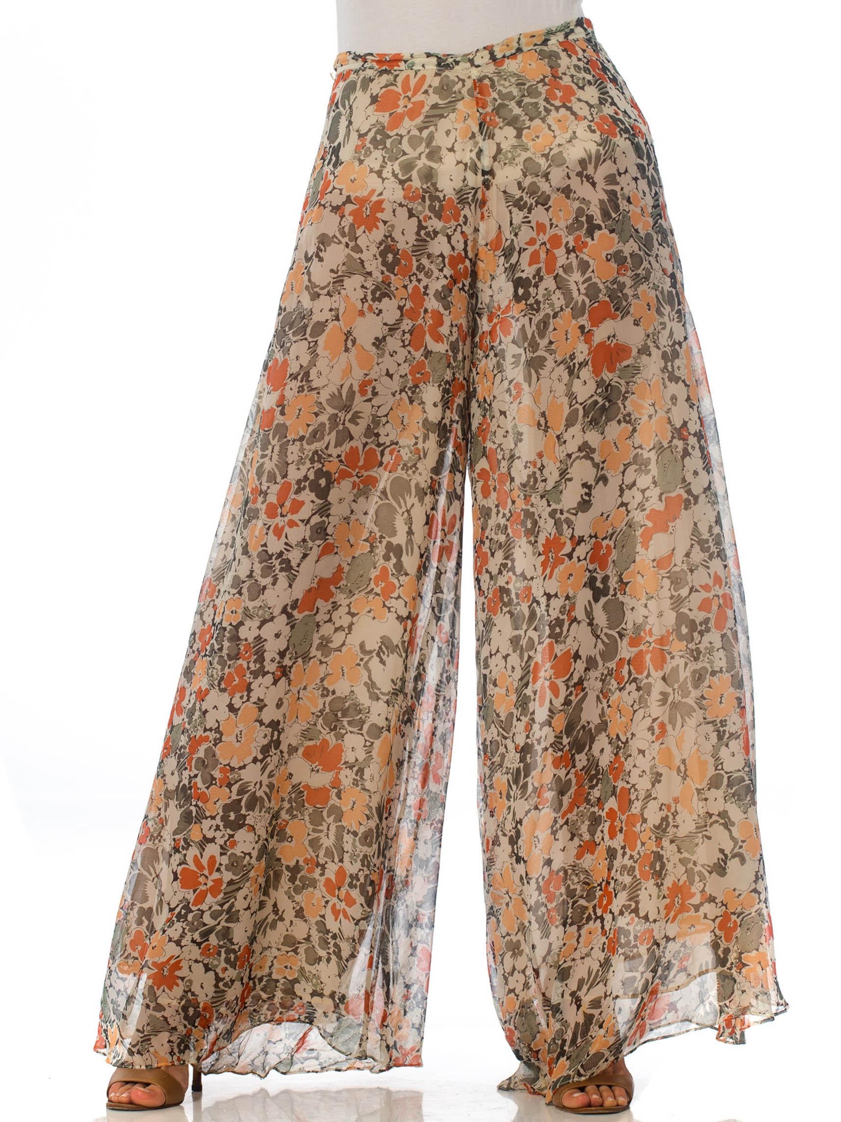 pantalon palazzo à jambes larges en mousseline à motifs floraux des années 1970