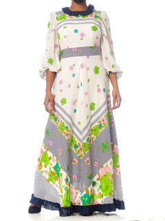 1970S Floral Cotton Voile Maxi Dress With Sleeves & Bow