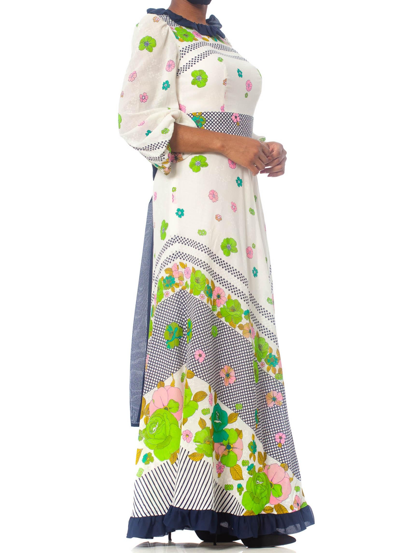 1970S Floral Cotton Voile Maxi Dress With Sleeves & Bow In Excellent Condition For Sale In New York, NY