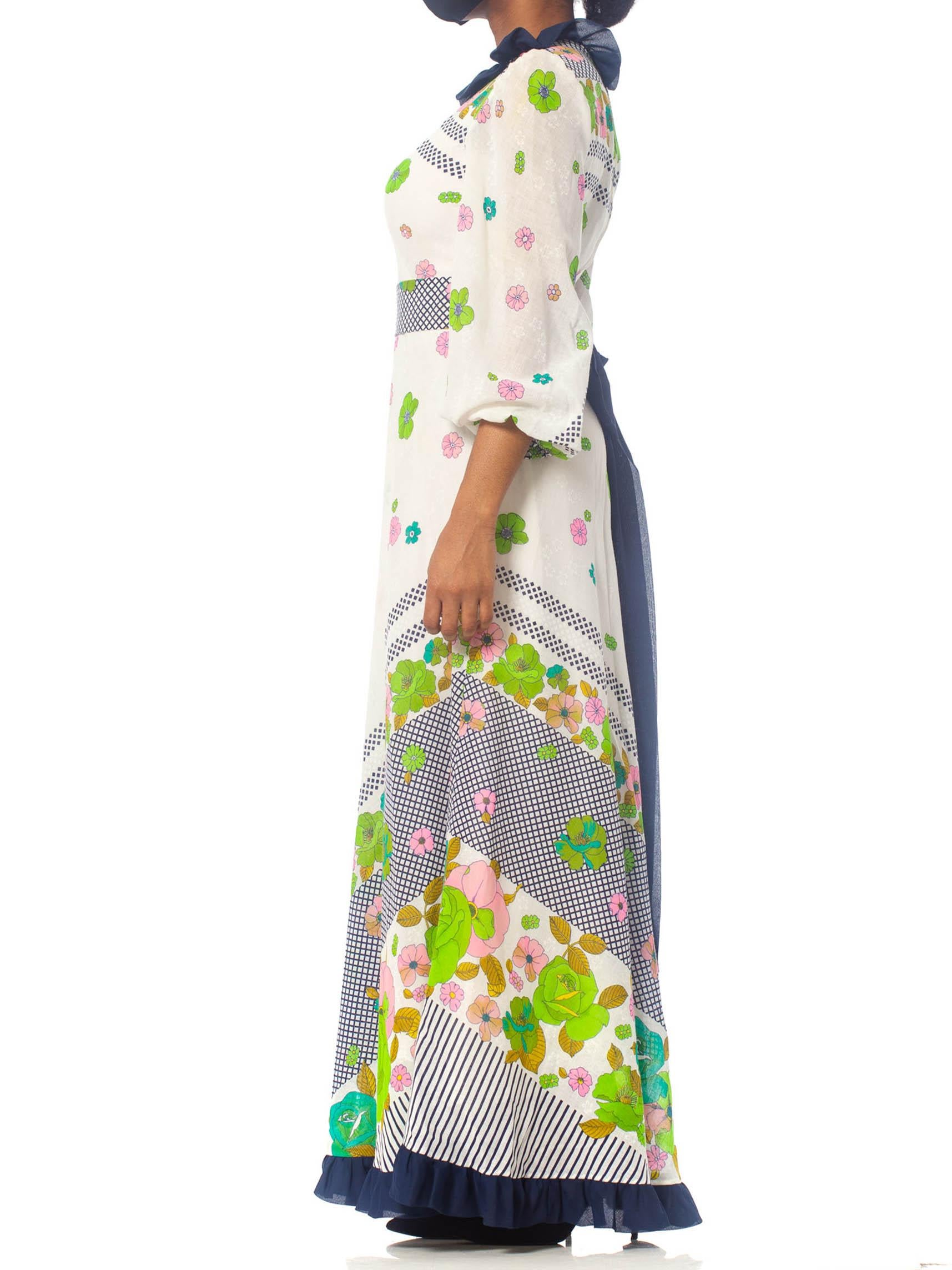 Women's 1970S Floral Cotton Voile Maxi Dress With Sleeves & Bow For Sale