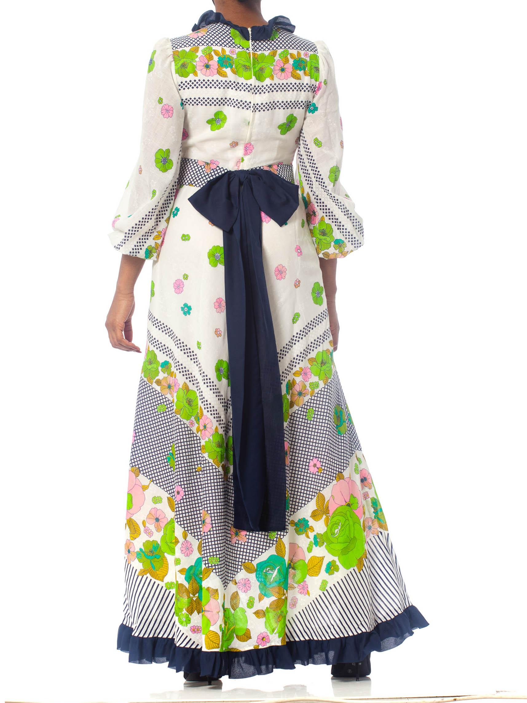 1970S Floral Cotton Voile Maxi Dress With Sleeves & Bow For Sale 4