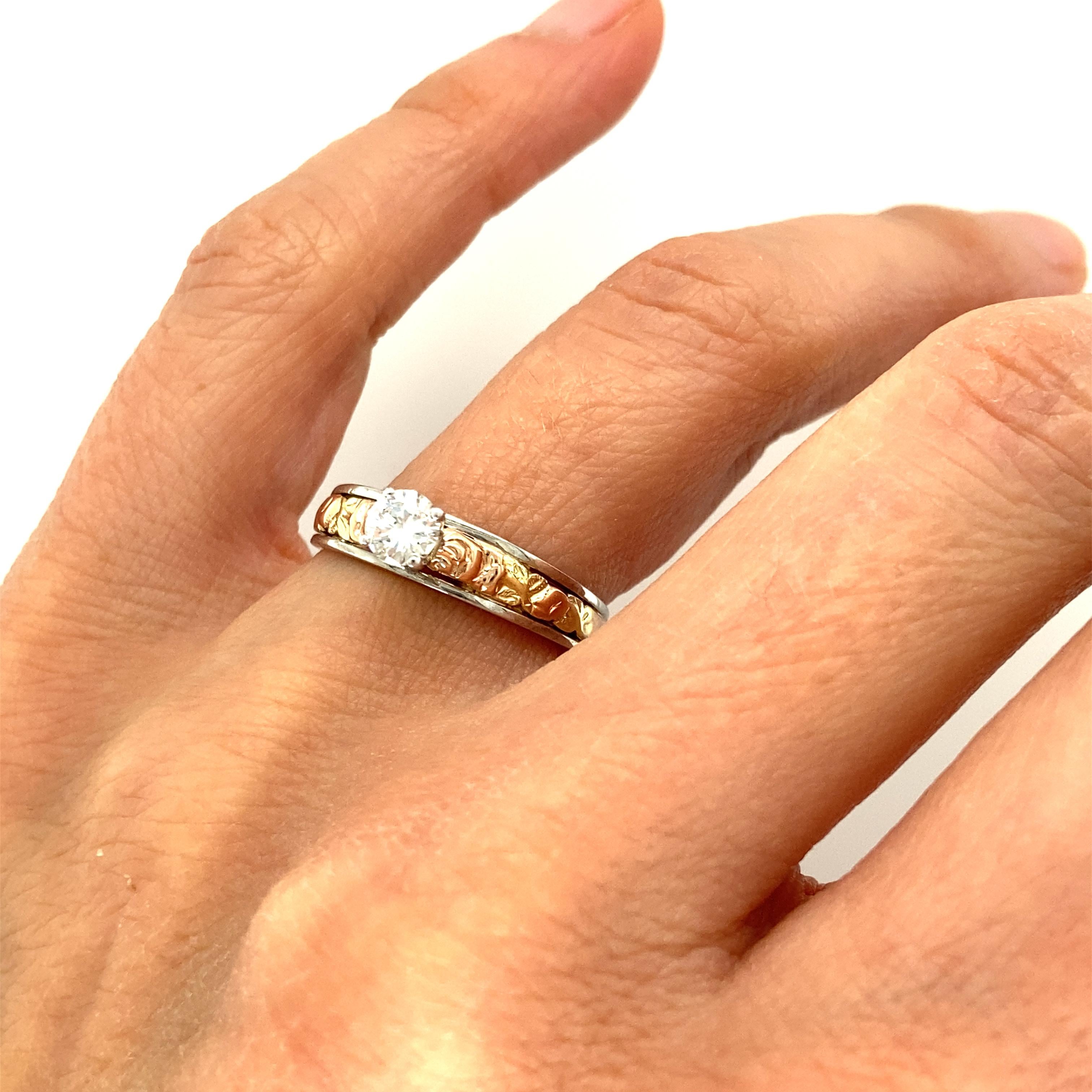 Modern 1970s Floral Design Tri-Gold Diamond Engagement Ring