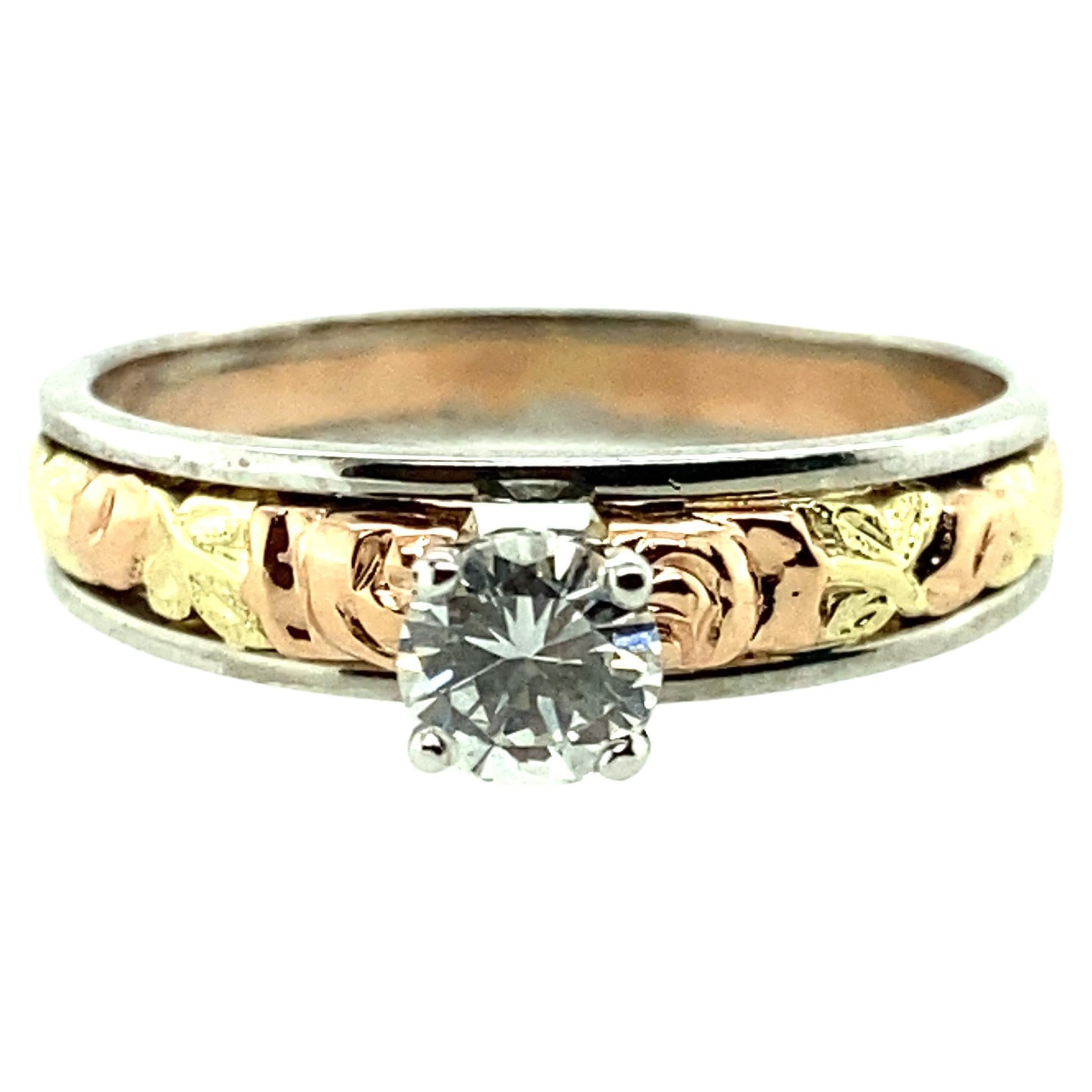 1970s Floral Design Tri-Gold Diamond Engagement Ring