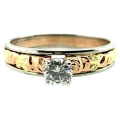 Retro 1970s Floral Design Tri-Gold Diamond Engagement Ring
