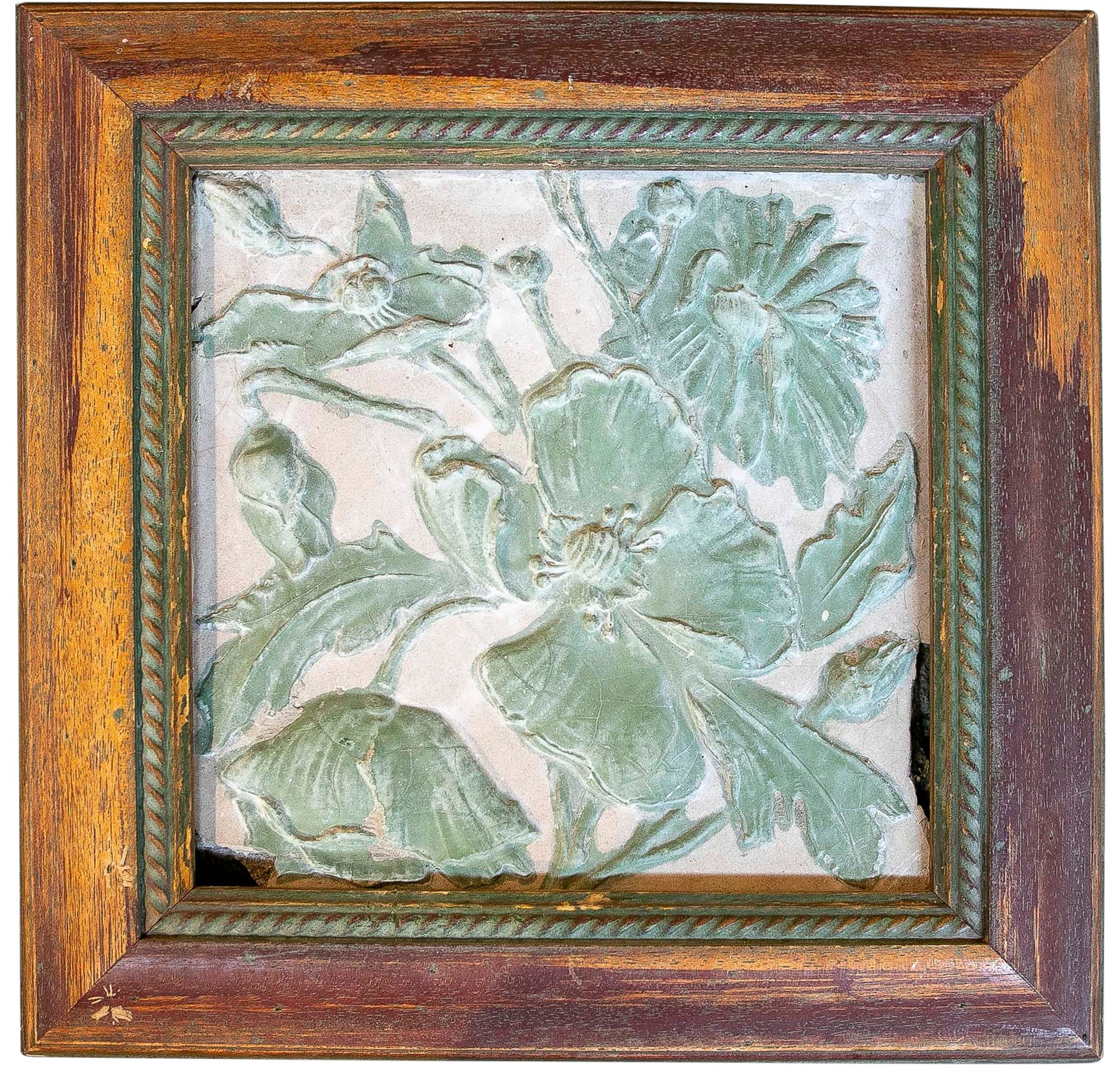 1970s Floral Embossed Pressed Material Tile with Decorative Wooden Frame