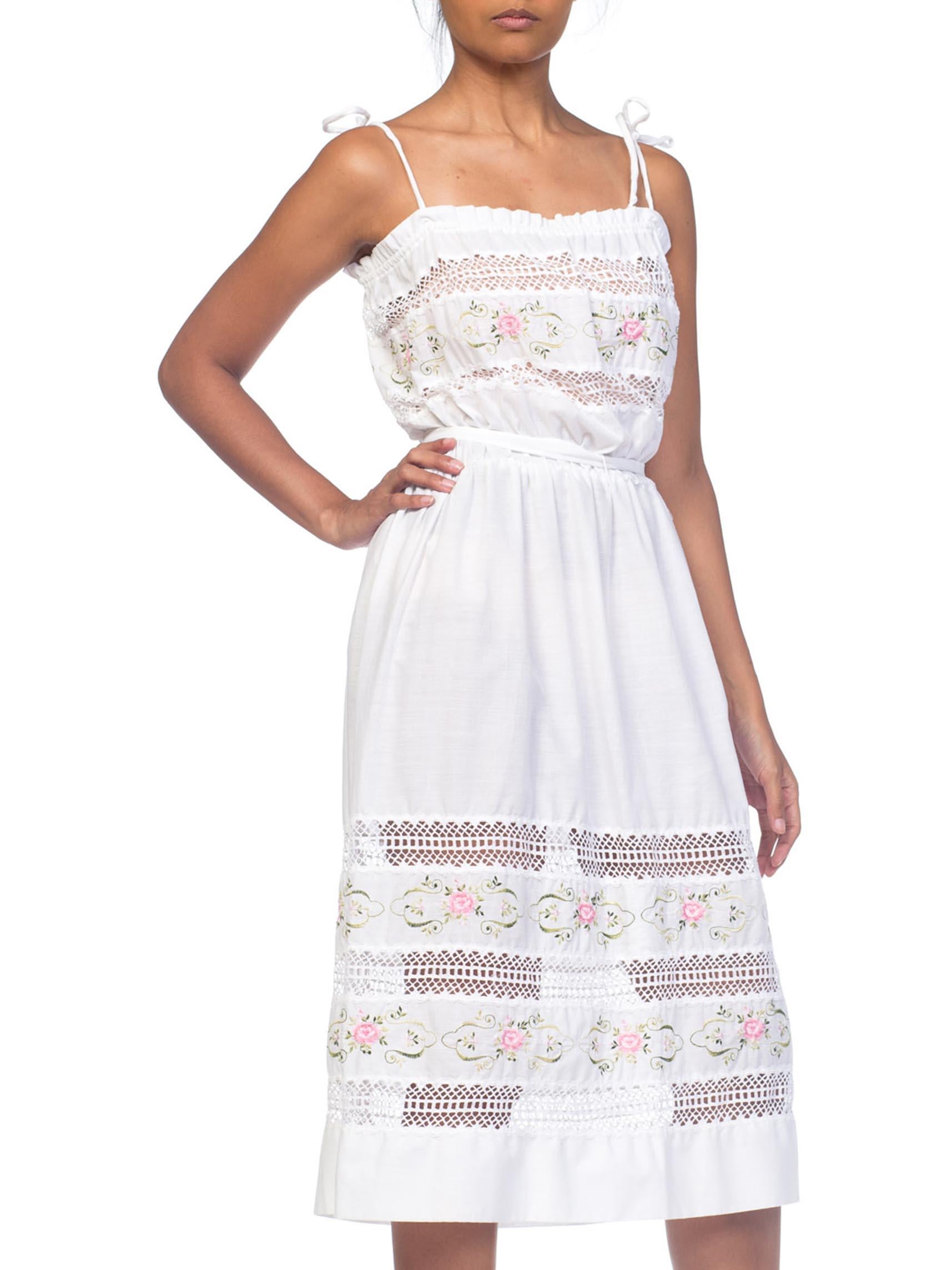1970S White Poly/Cotton Floral Embroidered Boho Lace Dress 2