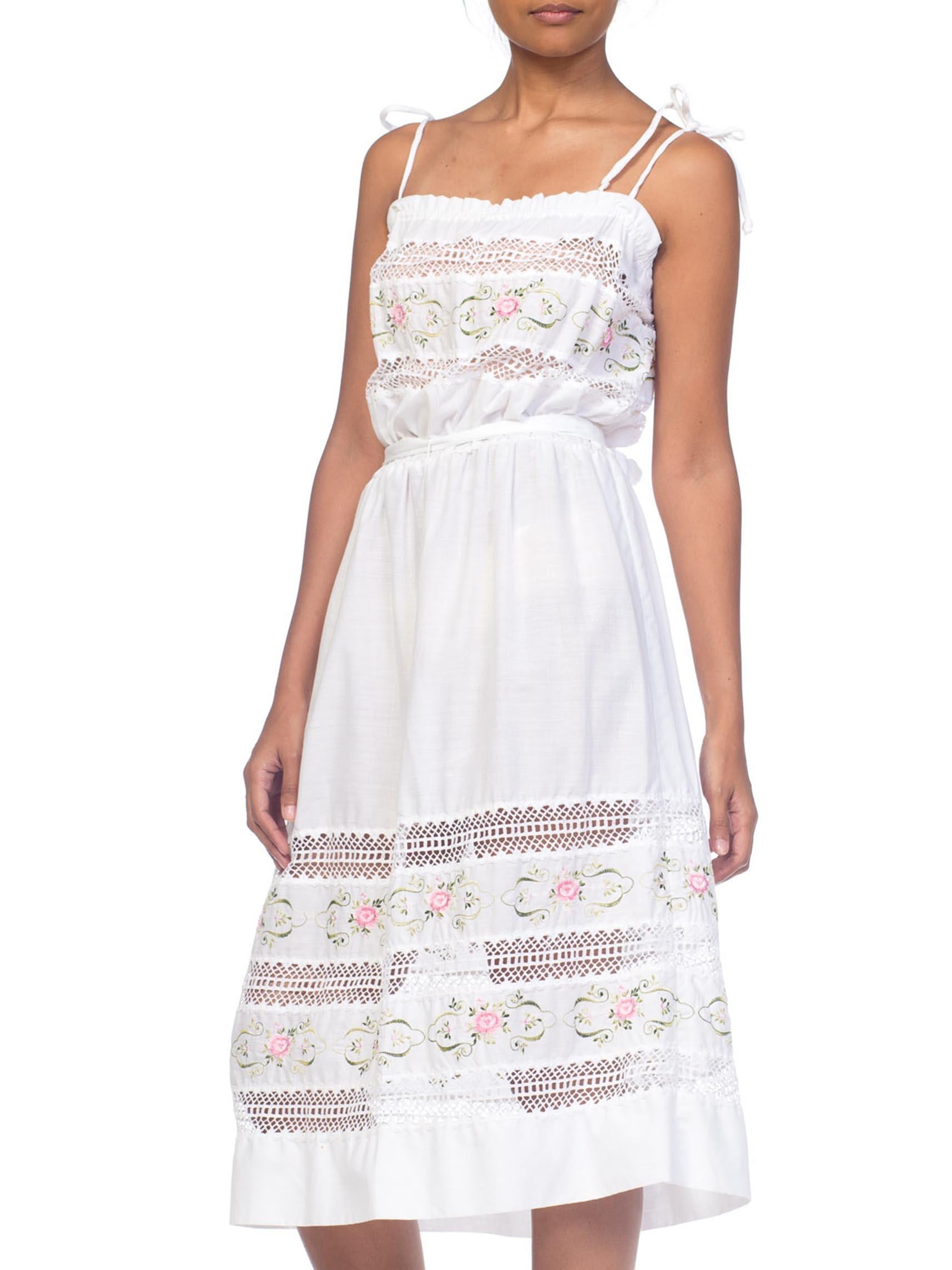 1970S White Poly/Cotton Floral Embroidered Boho Lace Dress 3