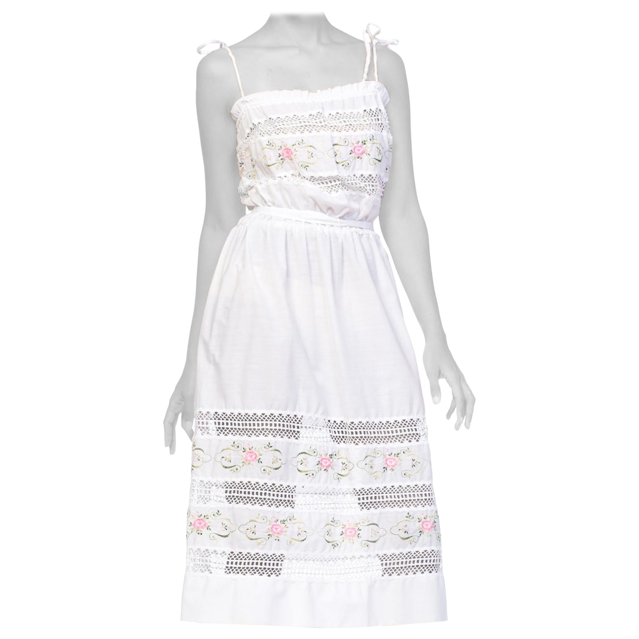 1970S White Poly/Cotton Floral Embroidered Boho Lace Dress