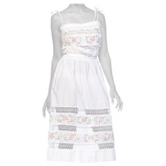 Vintage 1970S White Poly/Cotton Floral Embroidered Boho Lace Dress