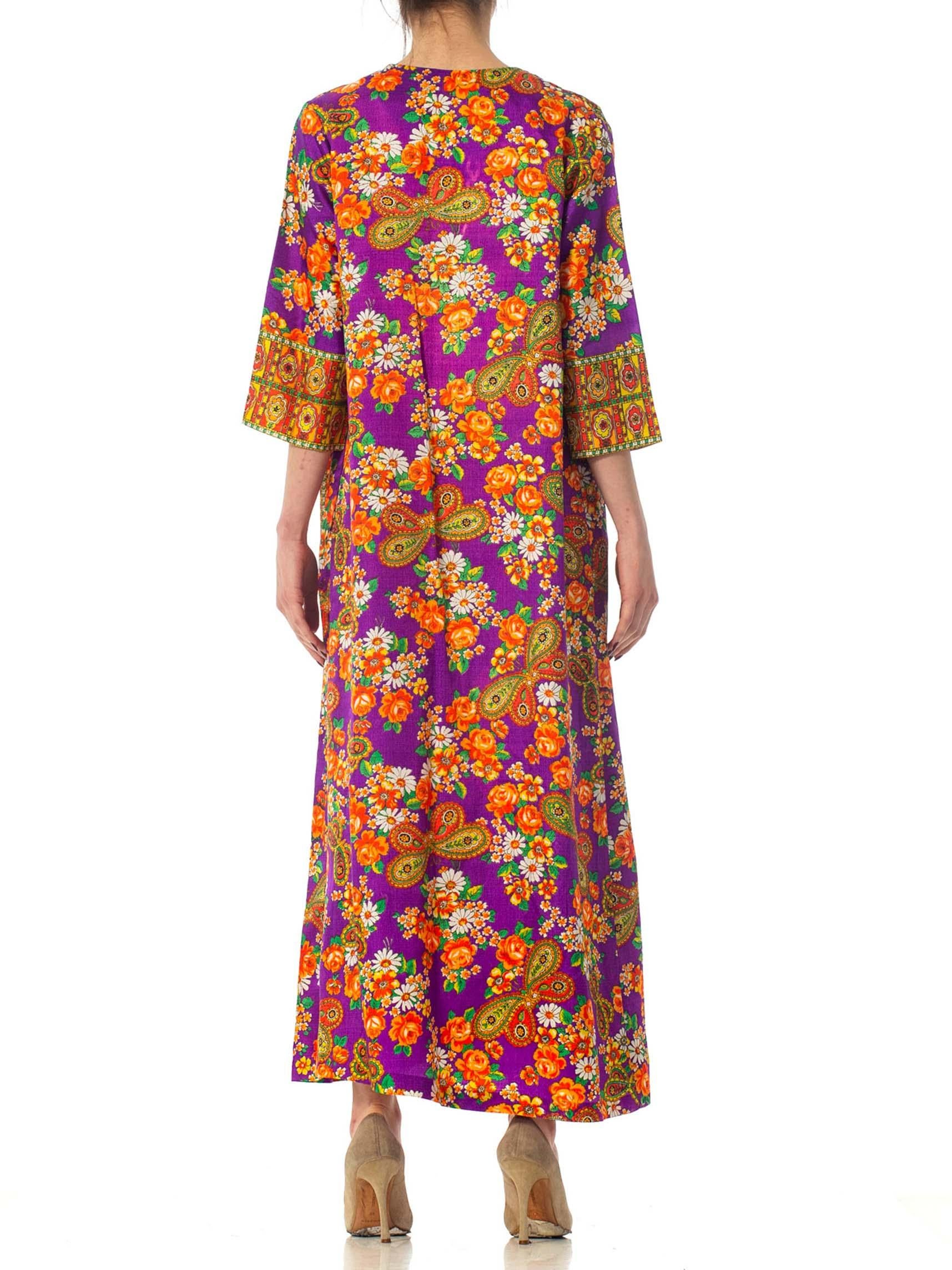 1970S Floral Purple Poly Blend Attached Kimono Kaftan 6