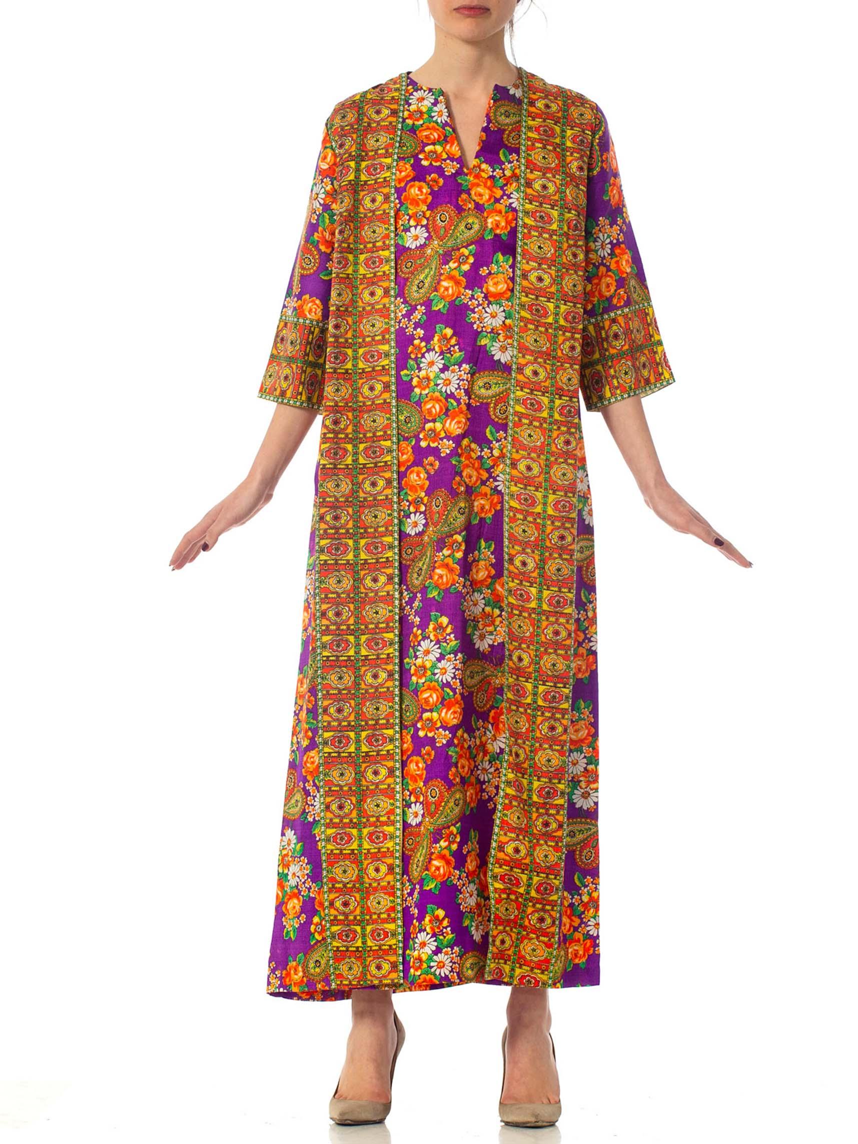 Brown 1970S Floral Purple Poly Blend Attached Kimono Kaftan