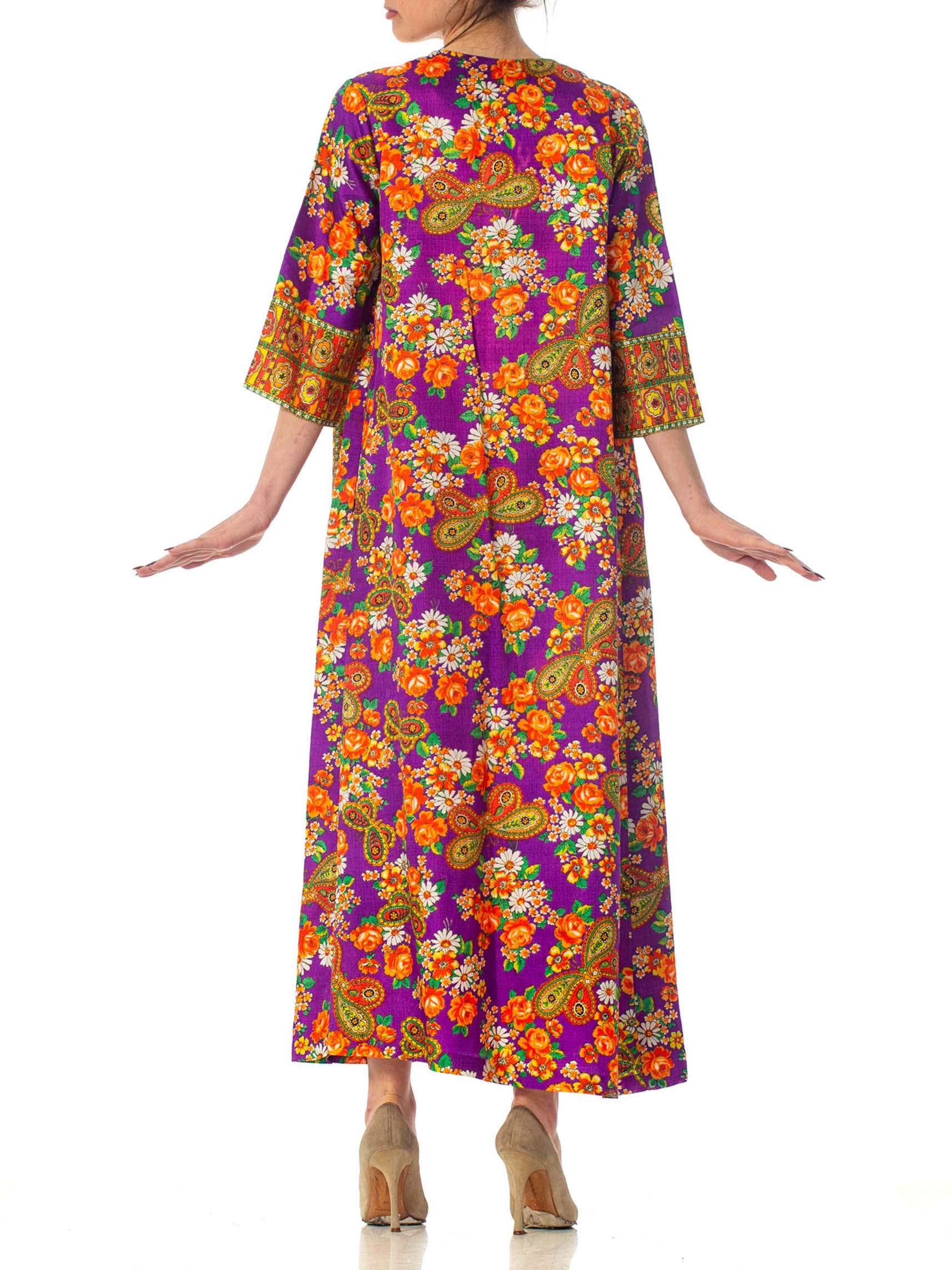 1970S Floral Purple Poly Blend Attached Kimono Kaftan 3