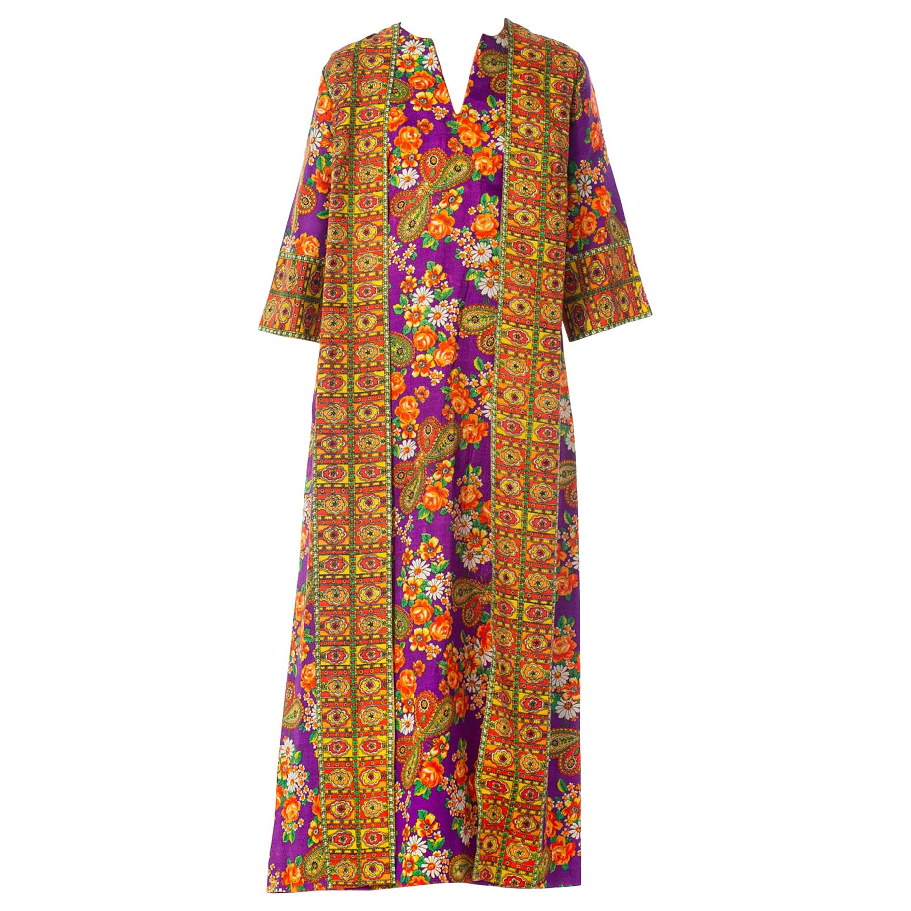 1970S Floral Purple Poly Blend Attached Kimono Kaftan