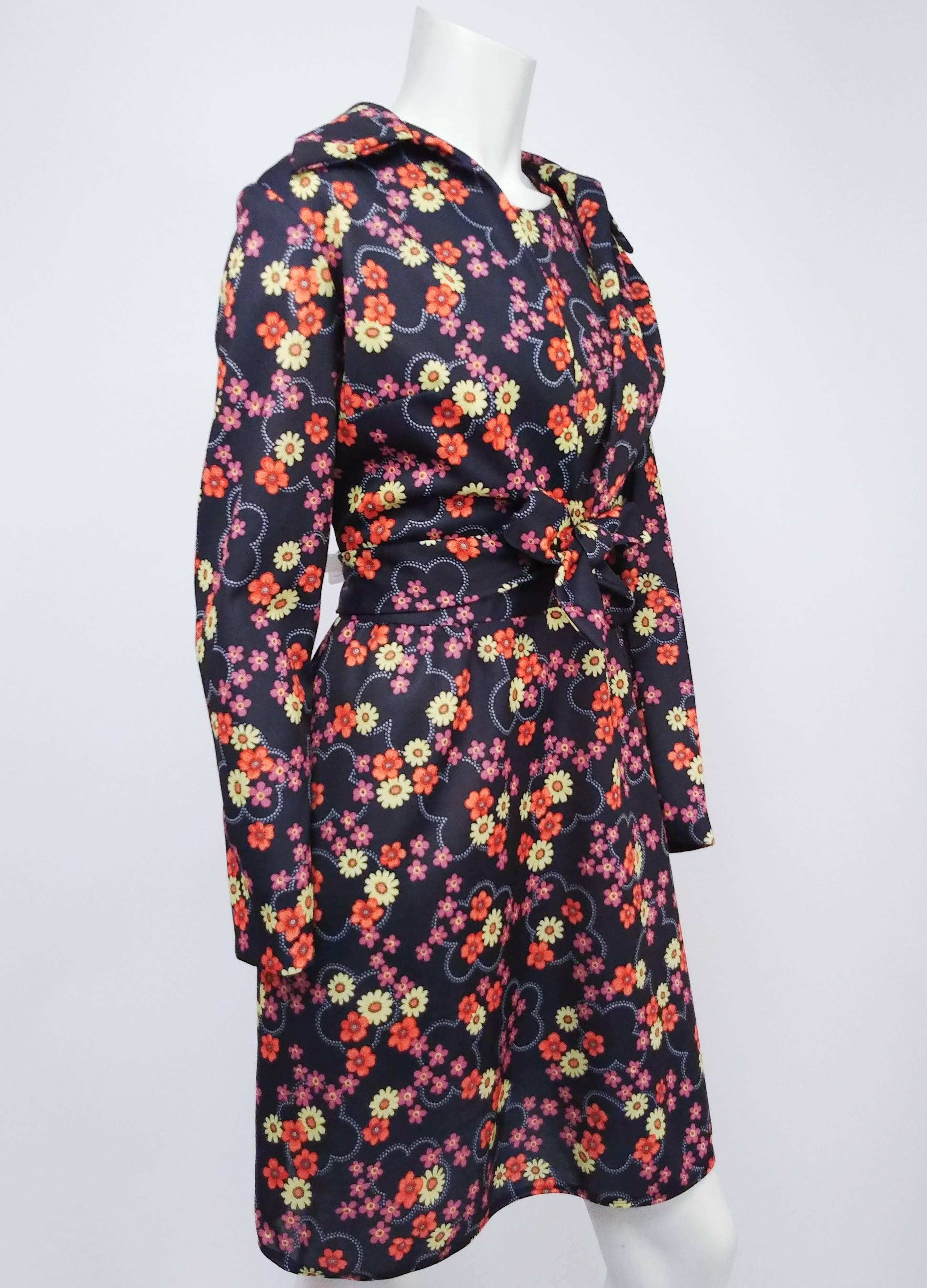 Black 1970s Floral Mini Dress & Tie-top Jacket For Sale