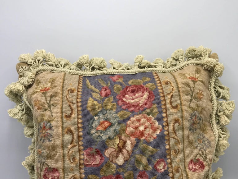 1970s Floral Motif Needlepoint Pillow with Tassel Fringe at 1stDibs