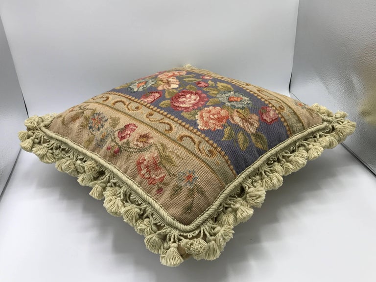 1970s Floral Motif Needlepoint Pillow with Tassel Fringe at 1stDibs