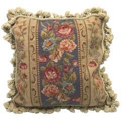 Antique European Needlepoint Pillow With Designer Wool Ball Fringe