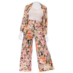 1970S Floral  Nylon & Lurex Tricot Jersey Pant Suit