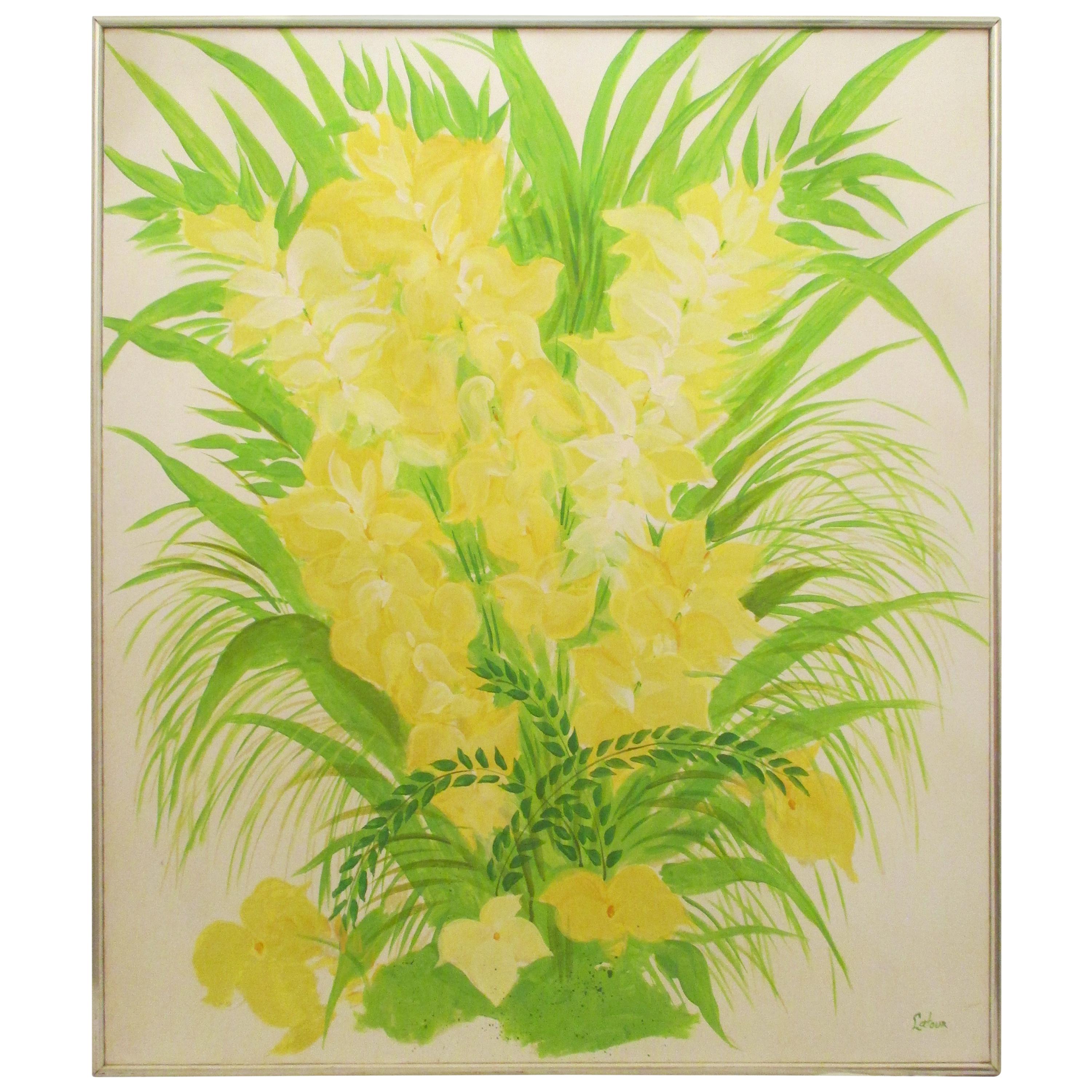 1970’s Floral Painting in Yellow and Green For Sale
