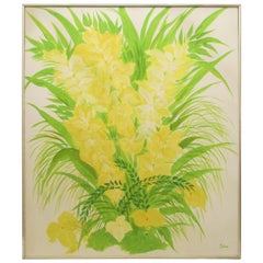 Peinture à fleurs des années 1970 en jaune et vert