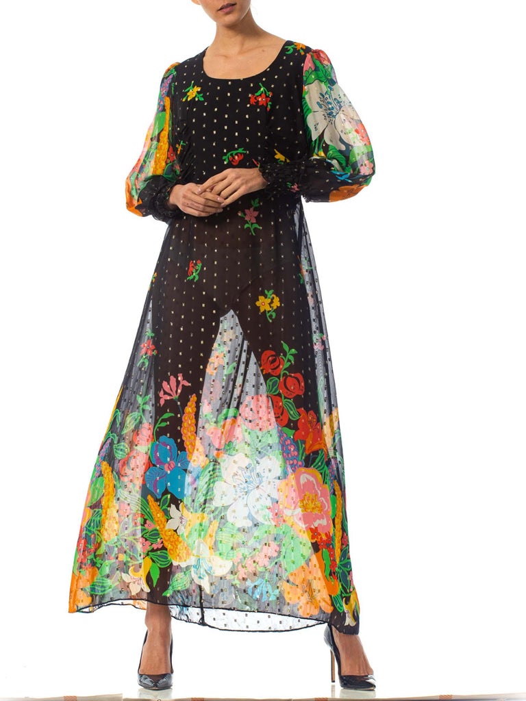 1970S Floral Poly Lurex Chiffon Boho Dress For Sale at 1stDibs