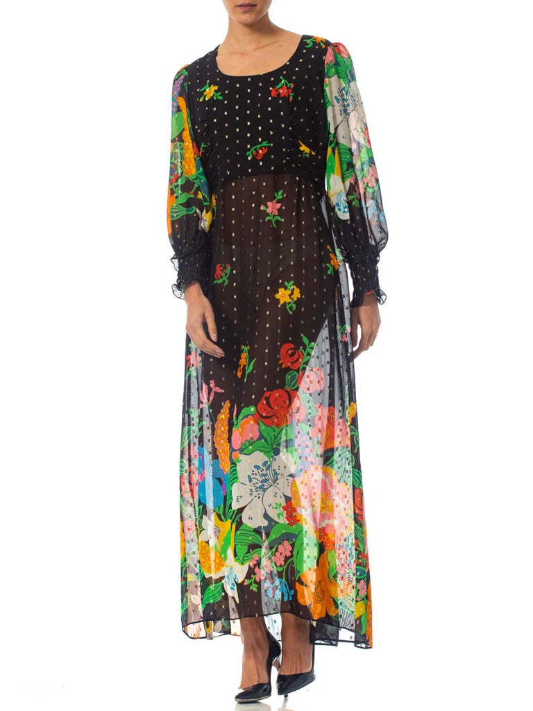 1970S Floral Poly Lurex Chiffon Boho Dress For Sale at 1stDibs