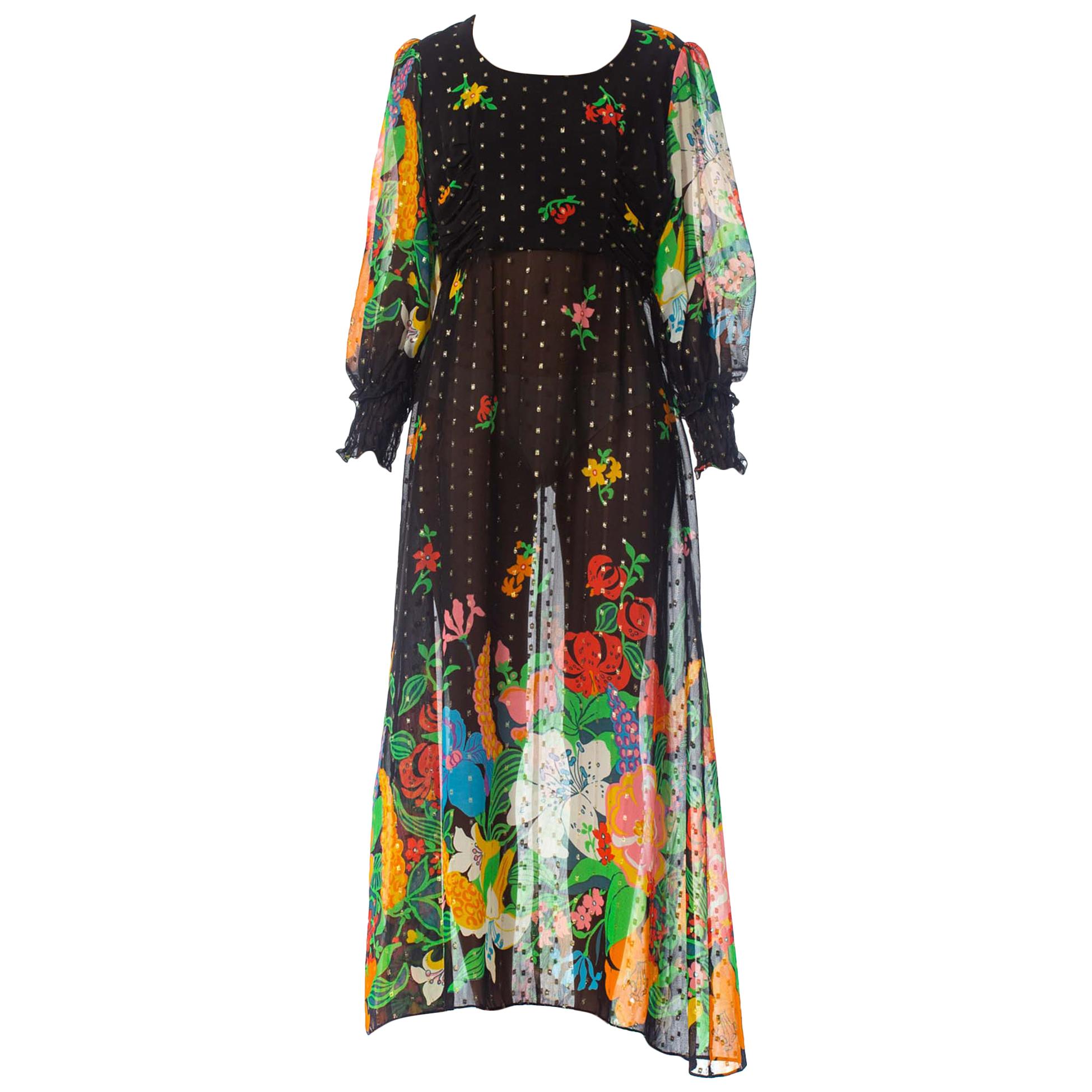 1970S Floral Poly Lurex Chiffon Boho Dress For Sale at 1stDibs