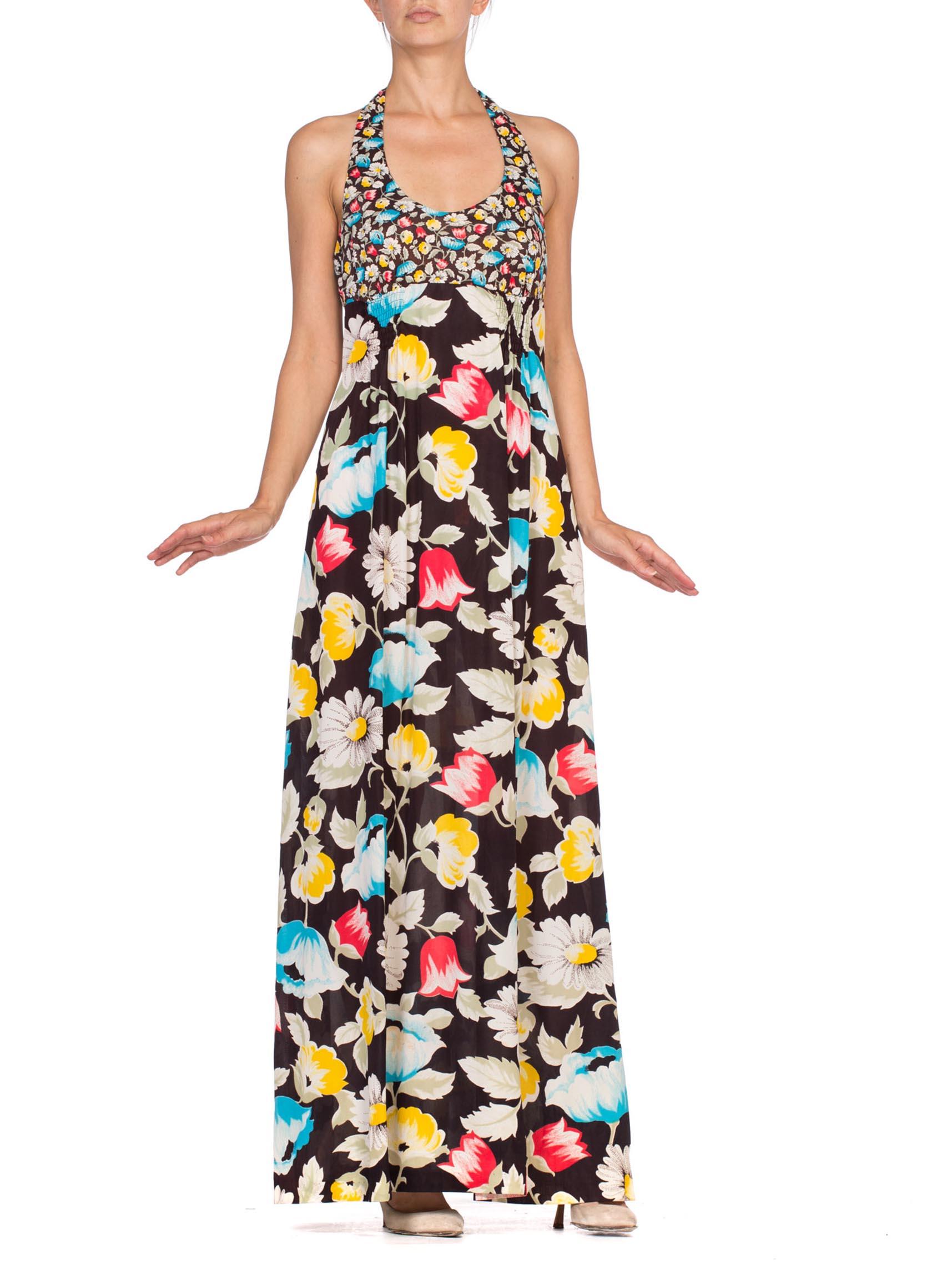 Beige 1970'S Floral Printed Polyester Jersey Halter Maxi Dress