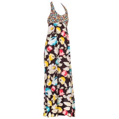 1970'S Floral Printed Polyester Jersey Halter Maxi Dress