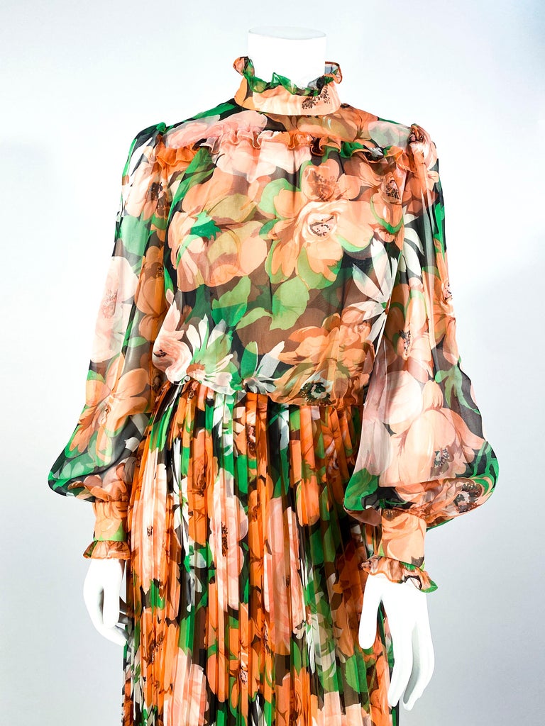 1970s Floral Printed Chiffon Prairie Dress For Sale at 1stDibs